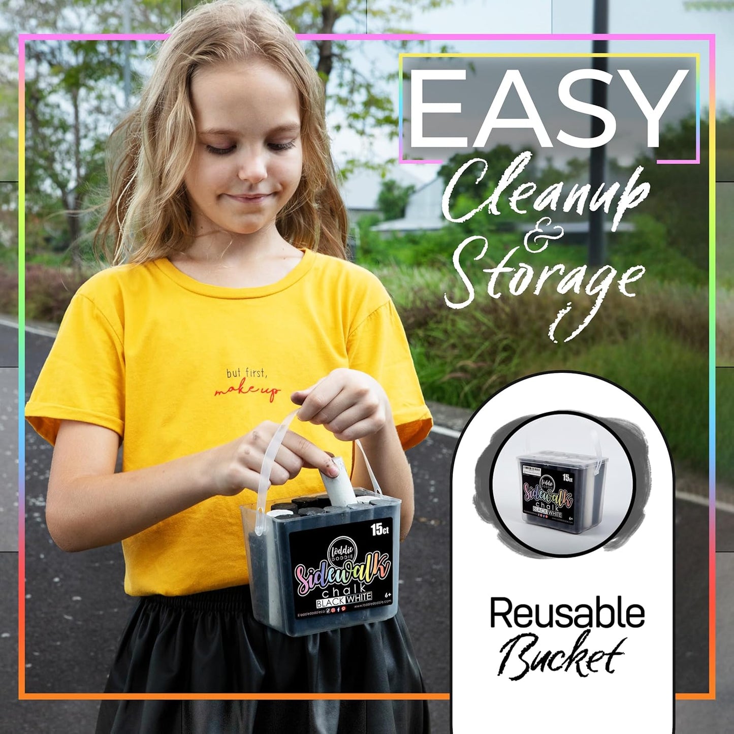 Loddie Doddie Sidewalk Chalk Jumbo Sticks - 15 Count Bucket, 10 Black & 5 White - Non-Toxic Low-Dust Sticks For Kids & Adults - Outdoor Chalk Bucket For Kids Activities