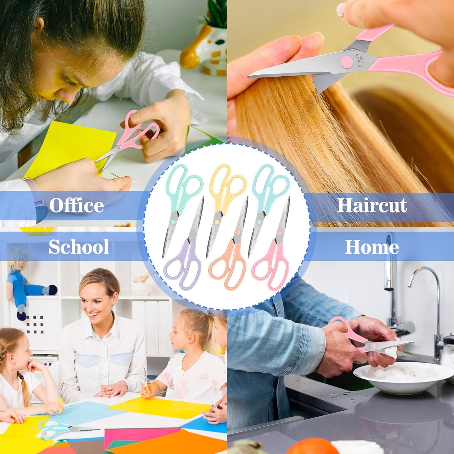 Scissors Set of 6-Pack, 8" Scissors All Purpose Comfort-Grip Handles, Sharp Scissor for Office Home School Craft Sewing Fabric Supplies, High/Middle School Student Teacher, Right/Left Hand