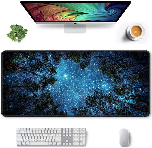 Auhoahsil Large Gaming Mouse Pad, Nature Theme XXL 35.4 x 15.7 in Desk Pad Stitched Non-Slip Rubber Long Computer Mousepad Thin Extended Full Size Desk Mat for Desktop Laptop Wireless Mice, Night Sky