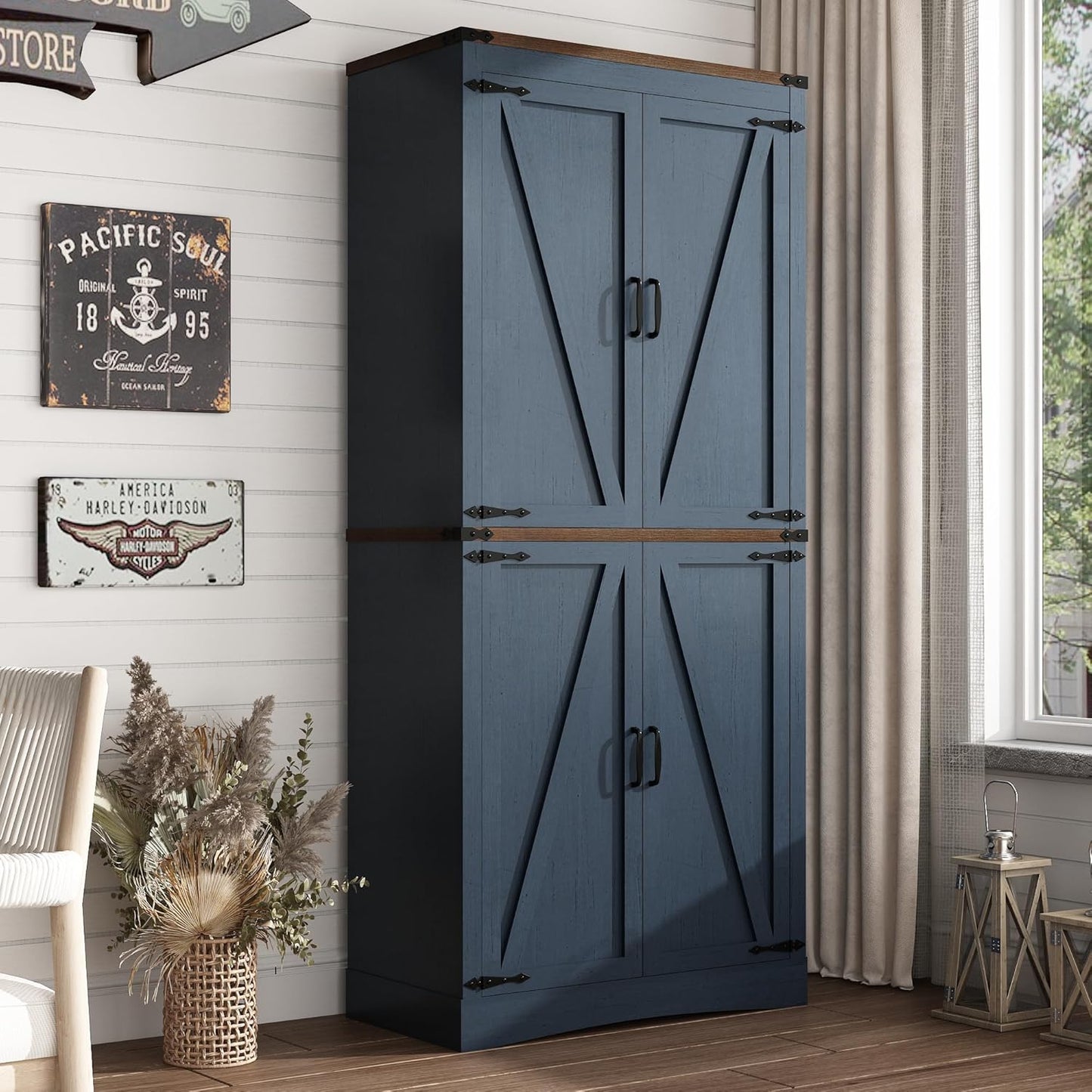 71in Farmhouse Kitchen Pantry Cabinet,Tall Storage Cabinet with 4 Doors and Adjustable shelves,with Load-Bearing Steel Pipe,Wood Storage Cabinets for Kitchen,Dining Room,Bathroom(Rustic Blue)