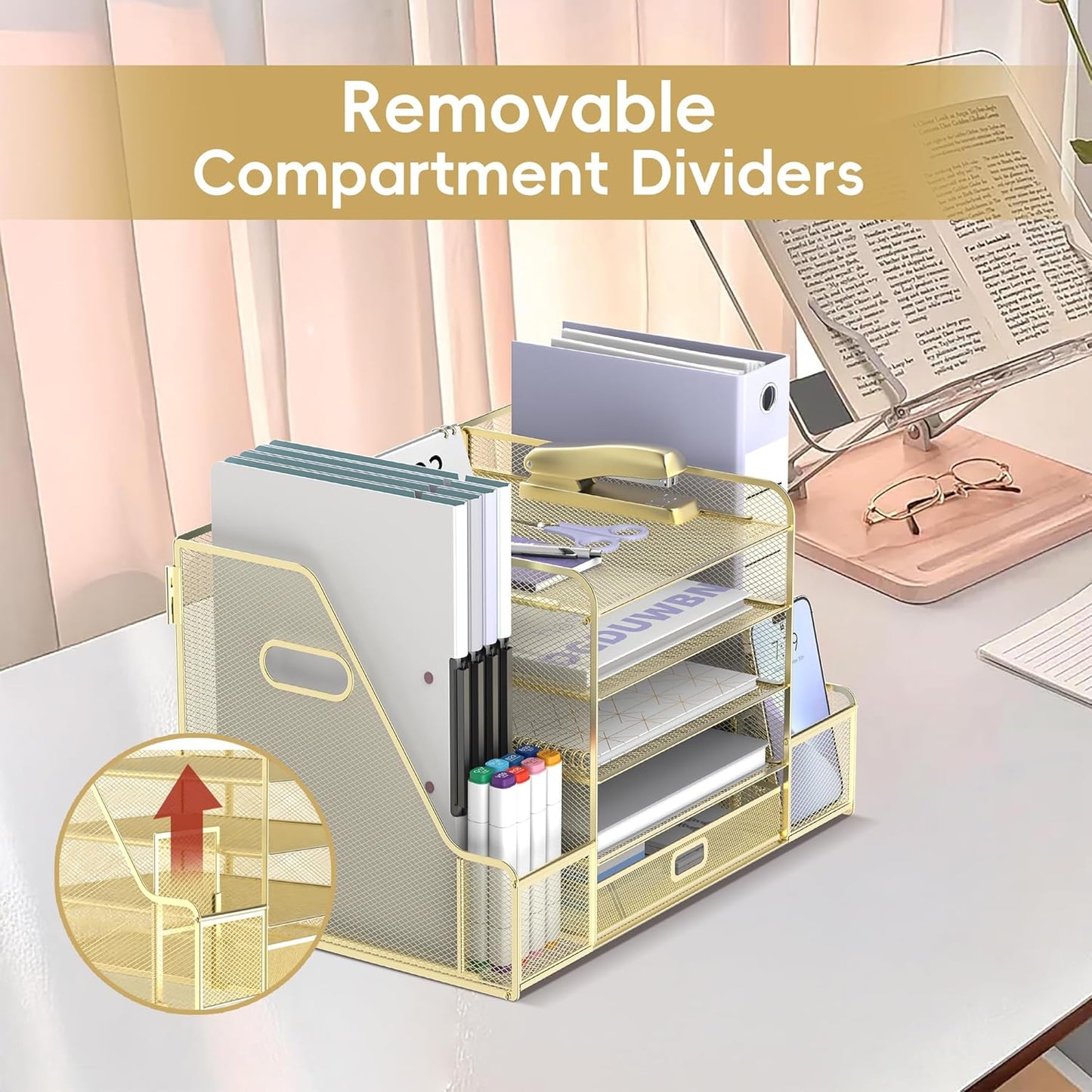 SUPEASY Mesh Desk Organizer with File Holder, 5-Tier Paper Letter Tray Organizer with Magazine Holder, Desktop Organizer and Storage with Drawer for Office Supplies Home or School, Gold