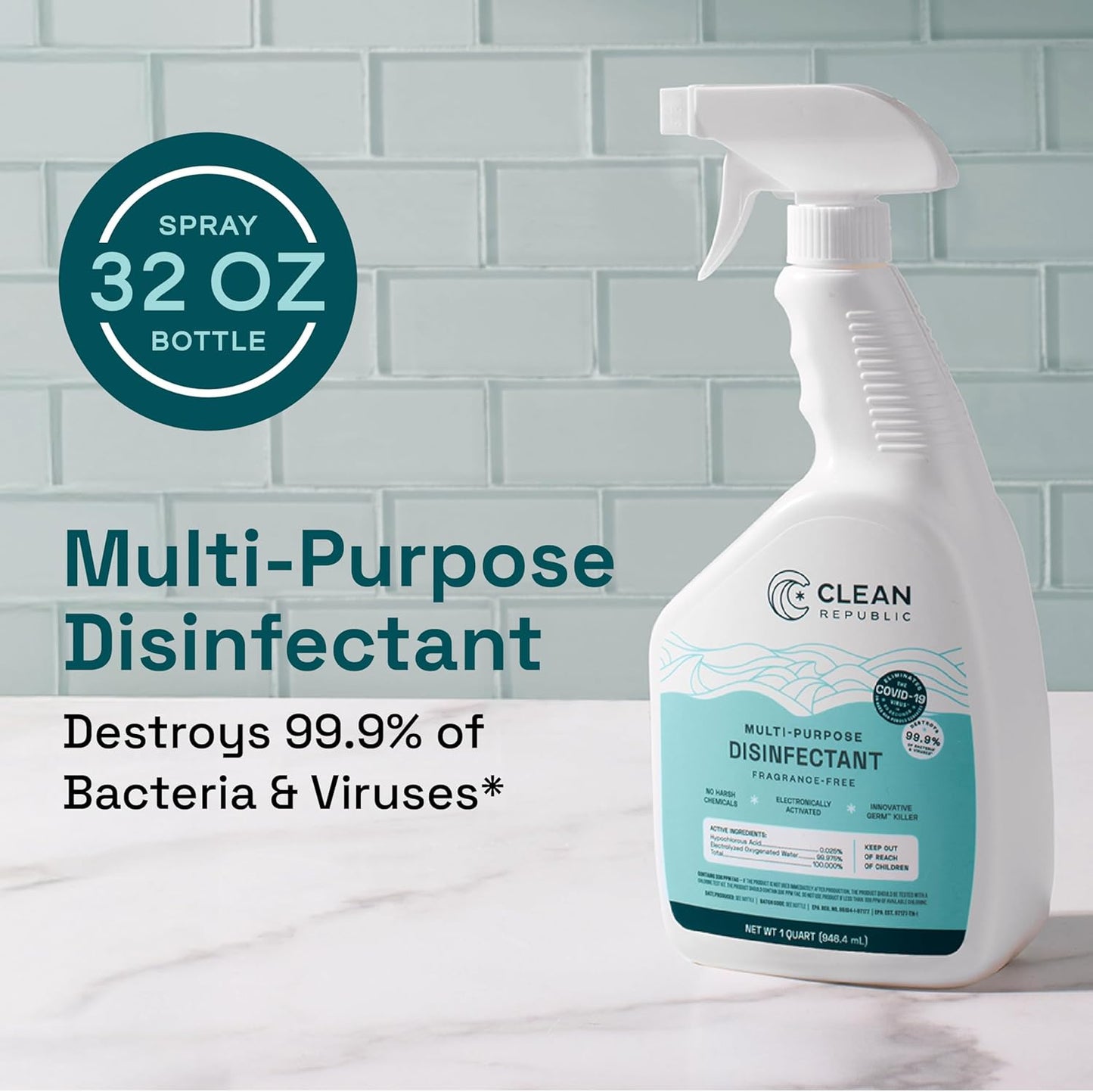 Clean Republic Multi-Purpose Disinfectant, Cleaning Spray, 32 Fluid Ounce Bottle