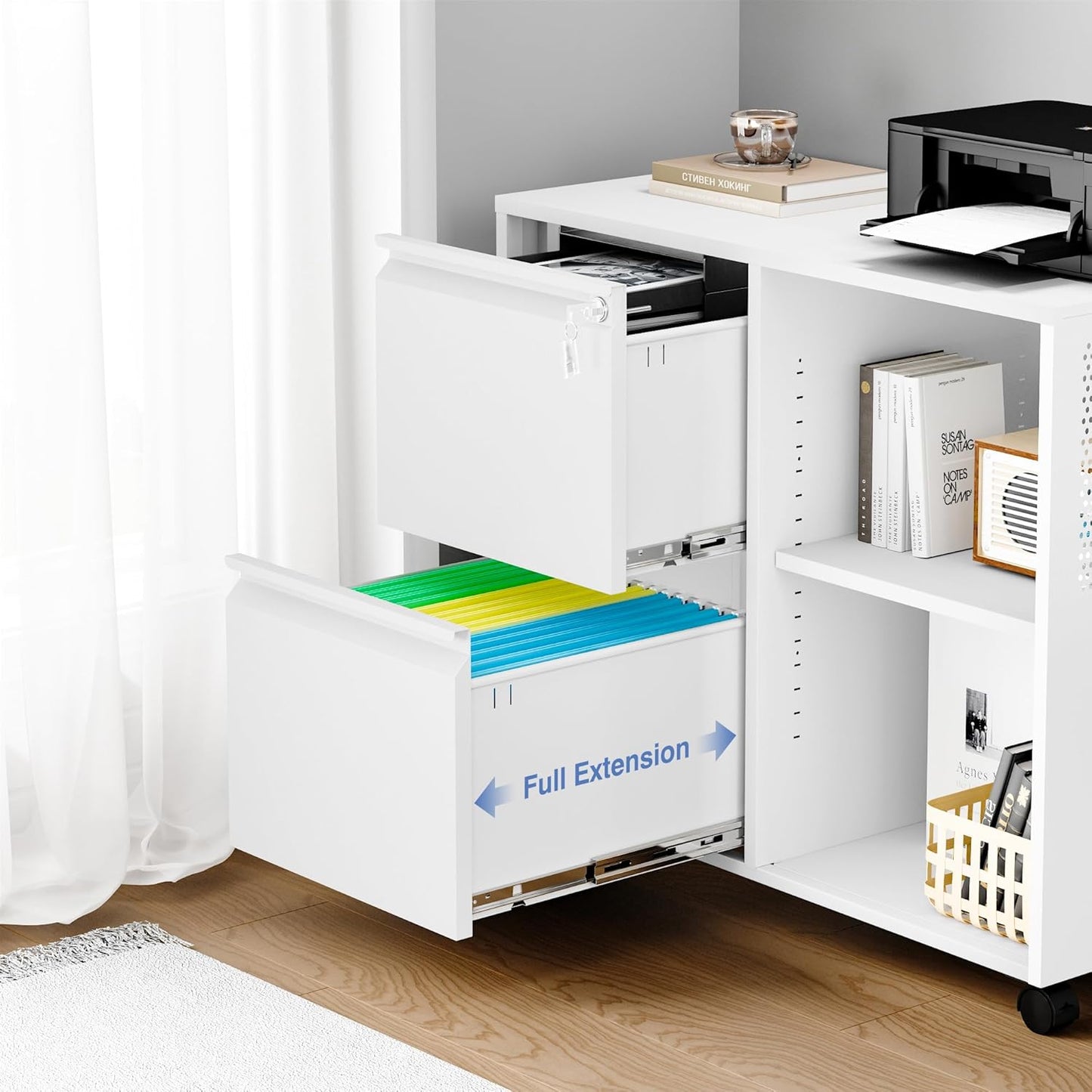 Metal File Cabinet,Lockable Lateral Filing Cabinet for Letter/A4 Size Files,Rolling Printer Stand with Adjustable Shelf & Lockable Wheelss for Home Office(White)