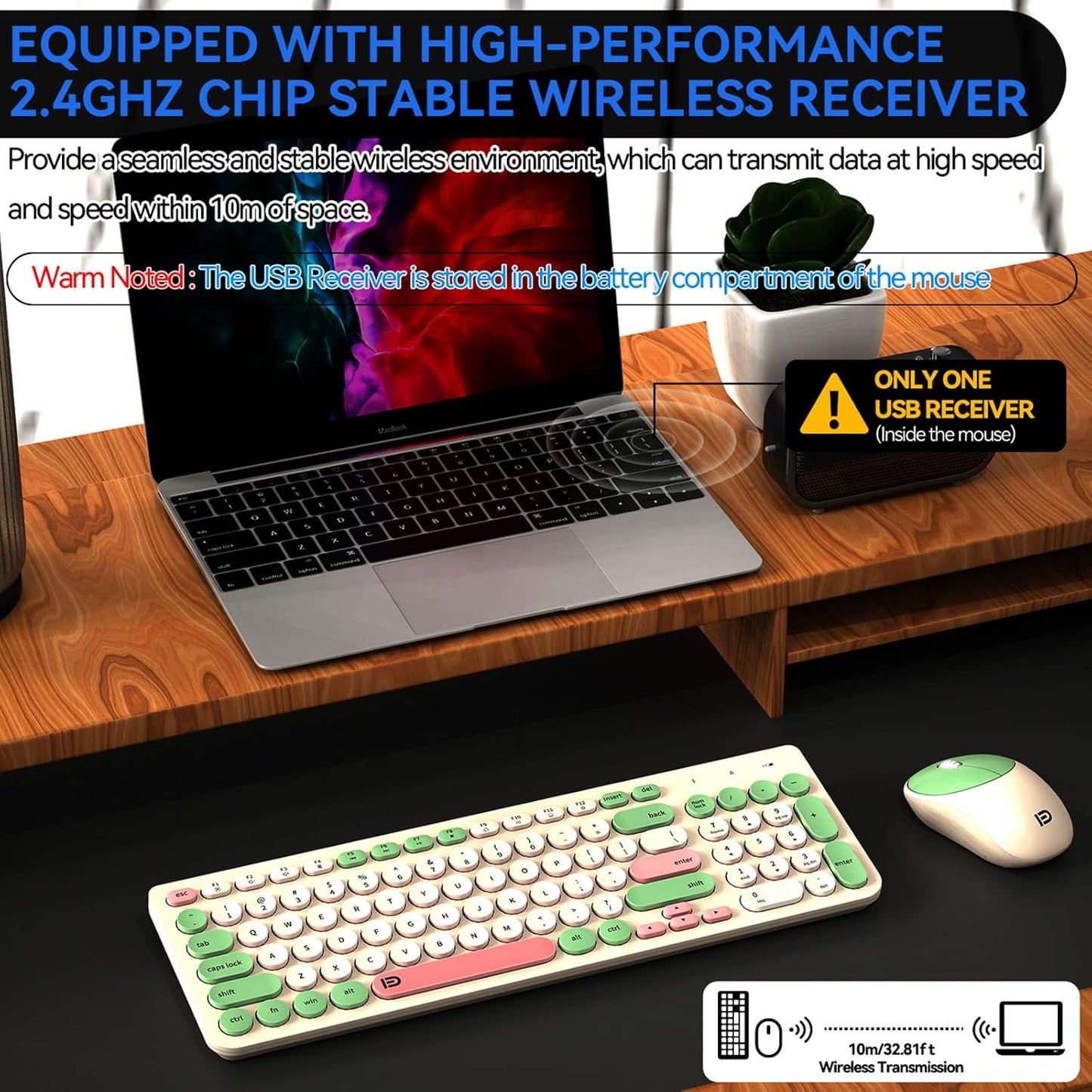 FD Wireless Keyboards and Mouse Combo - 2.4GHz USB Cordless, Cute Wireless Keyboard Round Keys, Quiet and Slim Set for Laptop, Computer, TV and Mac - Milky White Green Colorful