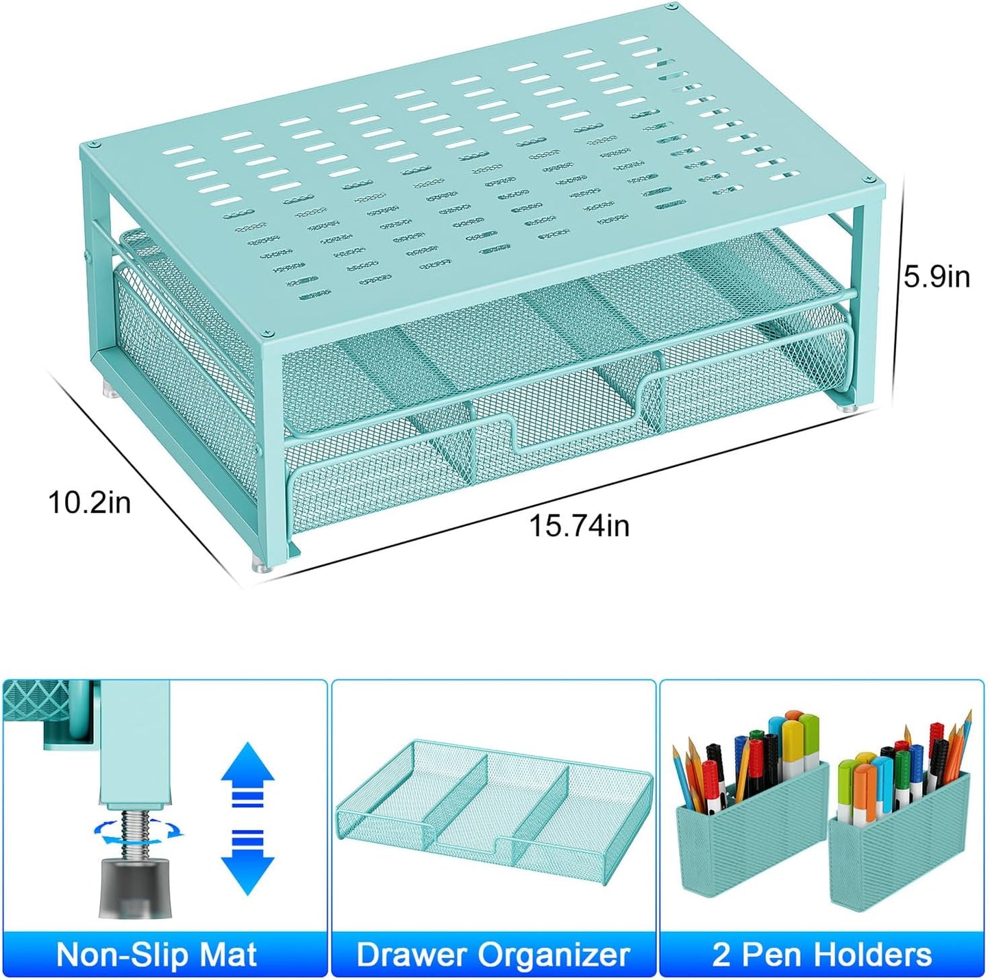 gianotter Desk Organizers and Accessories, Monitor Stand with Drawer and 2 Pen Holder, Desktop Organizer Suitable for Offices and Dormitories (Blue)