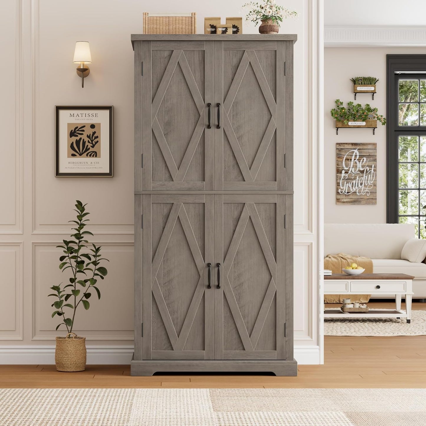 HOSTACK 64" Tall Pantry Cabinet, Modern Farmhouse Kitchen Pantry, Wood Bathroom Storage Cabinet, Large Bookcase, 4 Doors|Adjustable Shelves, for Dining Room, Living Room, Home Office, Ash Grey