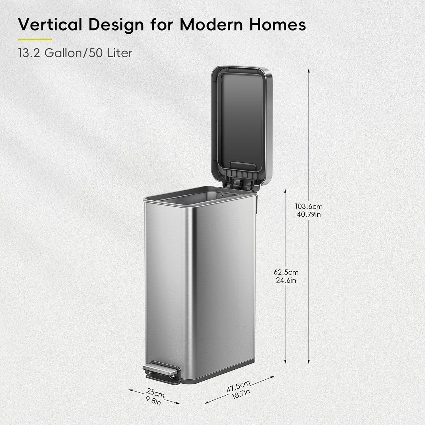 EKO Hudson Slim 50L / 13.2 Gallon Kitchen Trash Can with Lid, Stainless Steel Step Garbage Can for Kitchen or Home, Space-Saving Garbage Can with Soft Close Lid, Stay-Open, Liner Ring, Handle