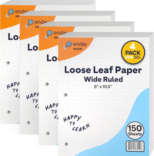 Loose Leaf Paper Wide Ruled Notebook Paper, 8" x 10.5" Filler Paper White, 3 Hole Punched Binder Paper for 3 Ring Binders, Lined Paper 150 Sheets Per Pack (4 Pack) - By Enday
