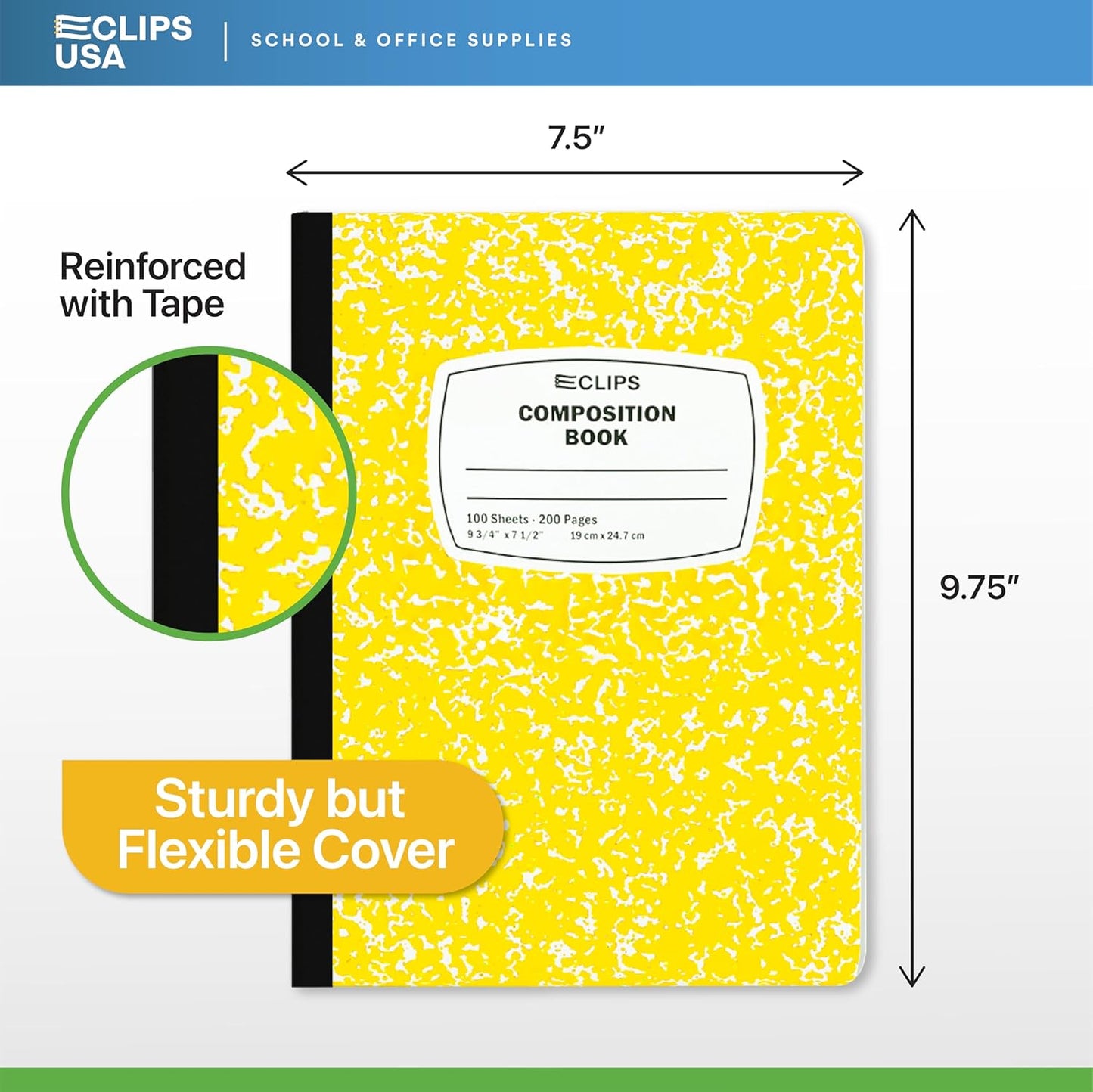 E-CLIPS USA Composition Notebooks, (6 Pack), Wide Ruled Composition Notebook, Marble Composition Notebook, 100 sheets, 200 Pages (6, Yellow)