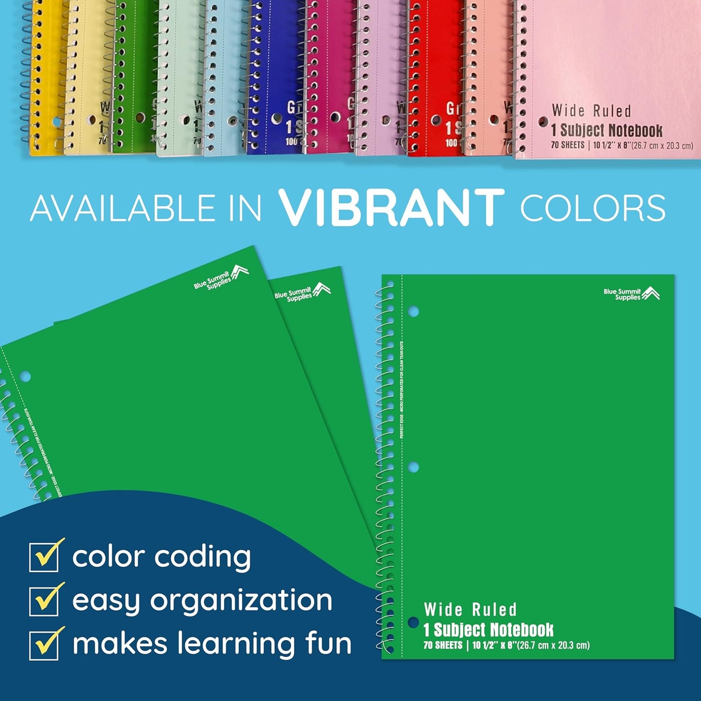 Blue Summit Green Wide Ruled Spiral Notebooks Bulk, 1 Subject Spiral Notebook Wide Ruled, Paper School Bulk Notebooks, 48 Pack