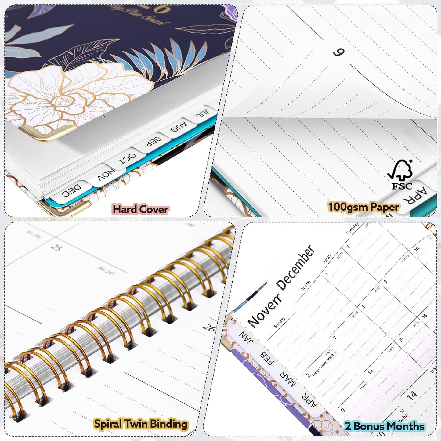 2026 Planner, Weekly and Monthly Planner, January 2026 - December 2026, Calendar Planner A5 (6.5" x 8.5") with Tabs, Inner Pocket for Home School Office Supplies, Blue Flower