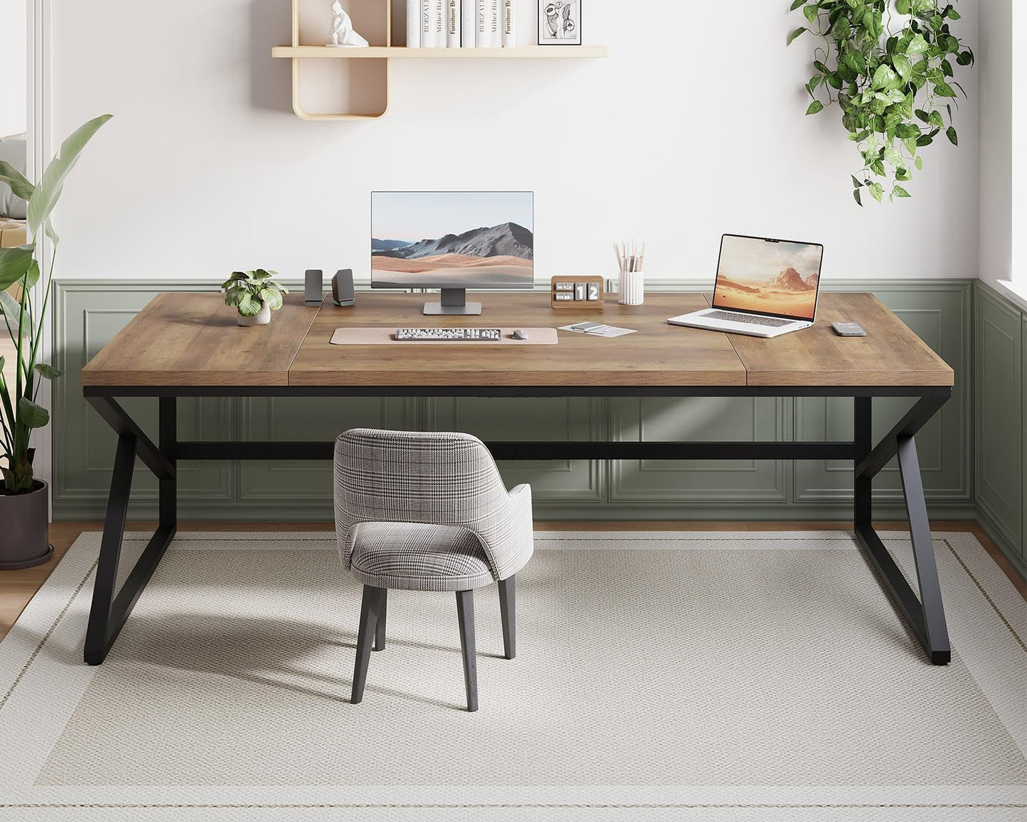 HSH Extra Large Home Office Desk, Rustic Wood and Metal Computer Desk for 2 People, 78 Inch Long Executive Writing Study Gaming Double Desk Workstation, Bedroom Living Room PC Table for 2 Monitors