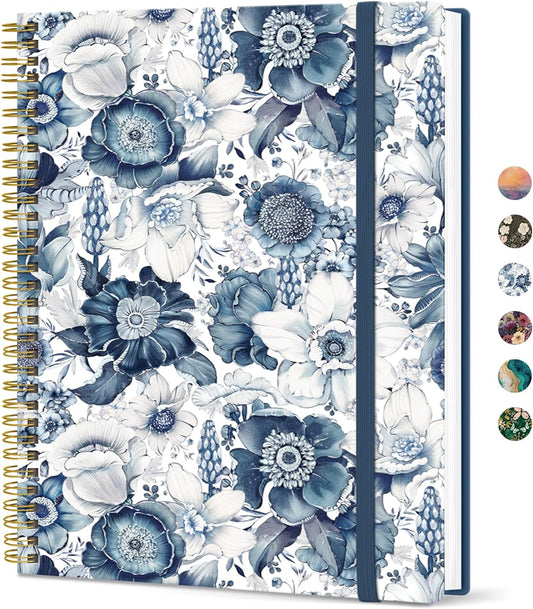 Taja Spiral Lined Notebook, 8.5"x11" Notebooks for Work, Large A4 Journal for Women & Men, College Ruled Journaling Notebook for Writing, Plastic Cover Spiral Journal, Blue Floral