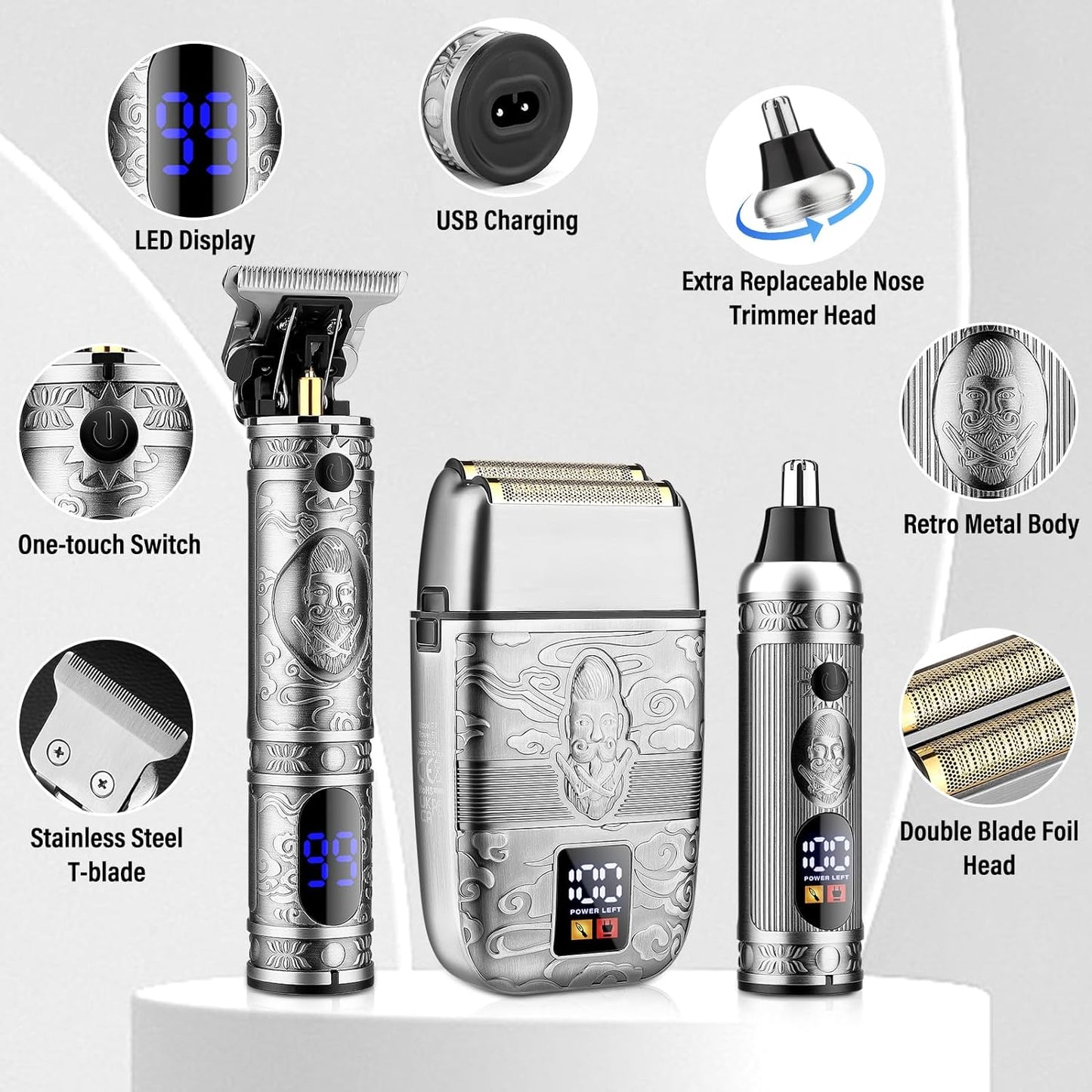 Professional Hair Trimmer Hair Clippers for Men, Nose Hair Trimmer Shaver Set,Cordless T-Blade Beard Trimmer Barber Clippers,Electric Razor Foil Shavers for Men Haircut Grooming Kit(Silver)