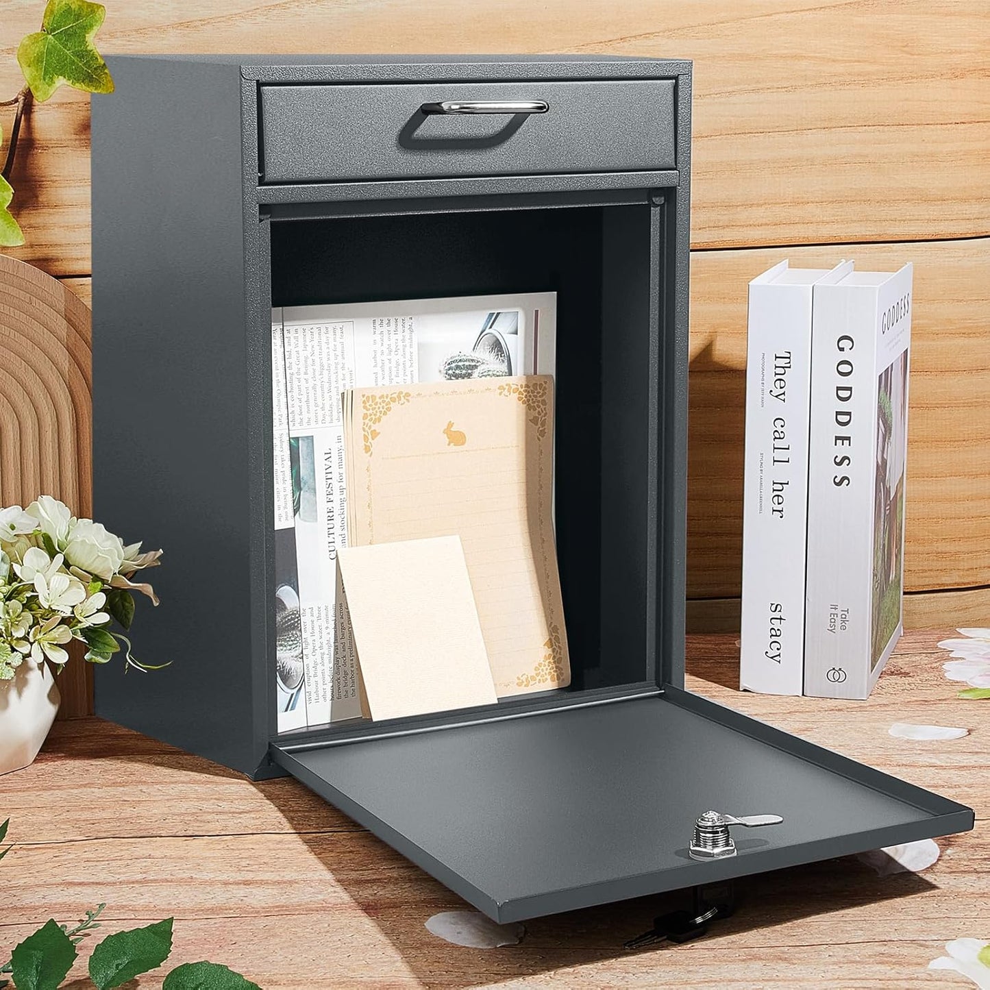 Locking Mailbox with Key for Outdoor 18 x 15 x 7 Inches Large Wall Mount Mail Box with Lock Security Mail Drop Metal Collection Boxes Hanging Secure Postbox(Dark Gray)