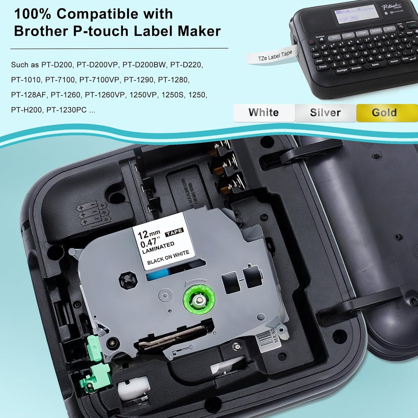 5-Pack Label Maker Tape 12mm 0.47 Inch Laminated White/Gold/Silver Muti-Color Replace for Brother TZe TZ Tape TZe-231 TZe-831 TZe-931 Compatible with Brother P-Touch PT- D210 D220 H110 D400AD