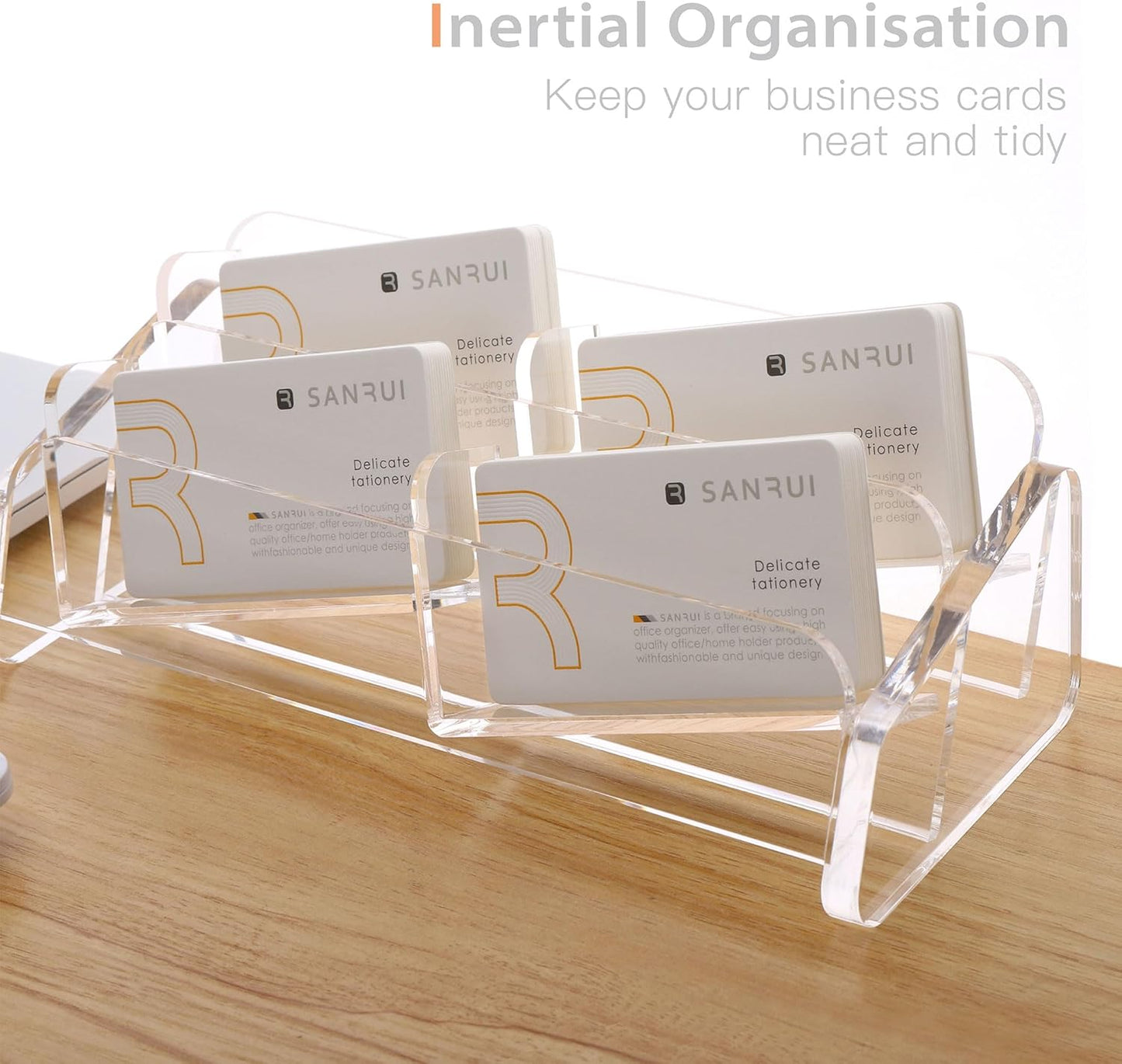 SANRUI Business Card Holder for Desk, Slant Clear Acrylic Desktop Cards Organizer, 2 Tier 4 Slots, Holds 240 Cards