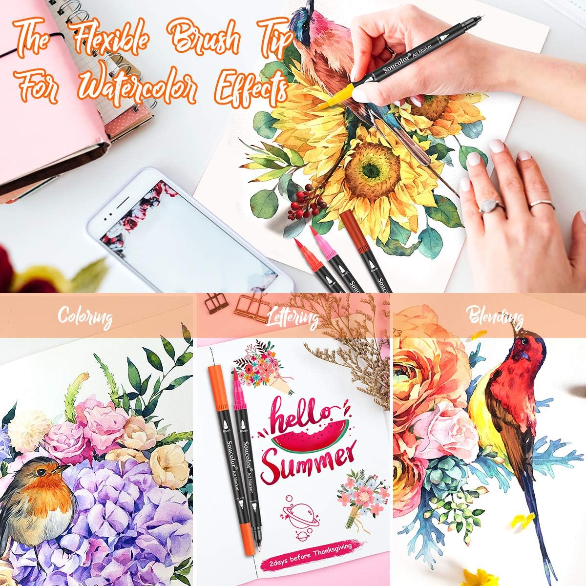 Soucolor Art Brush Markers Pens for Adult Coloring Books, Cute Preppy Stuff School Office Teacher Supplies, 34 Colors Dual Tip (Brush and Fine Point) Drawing Markers for Note Taking Journal Classroom