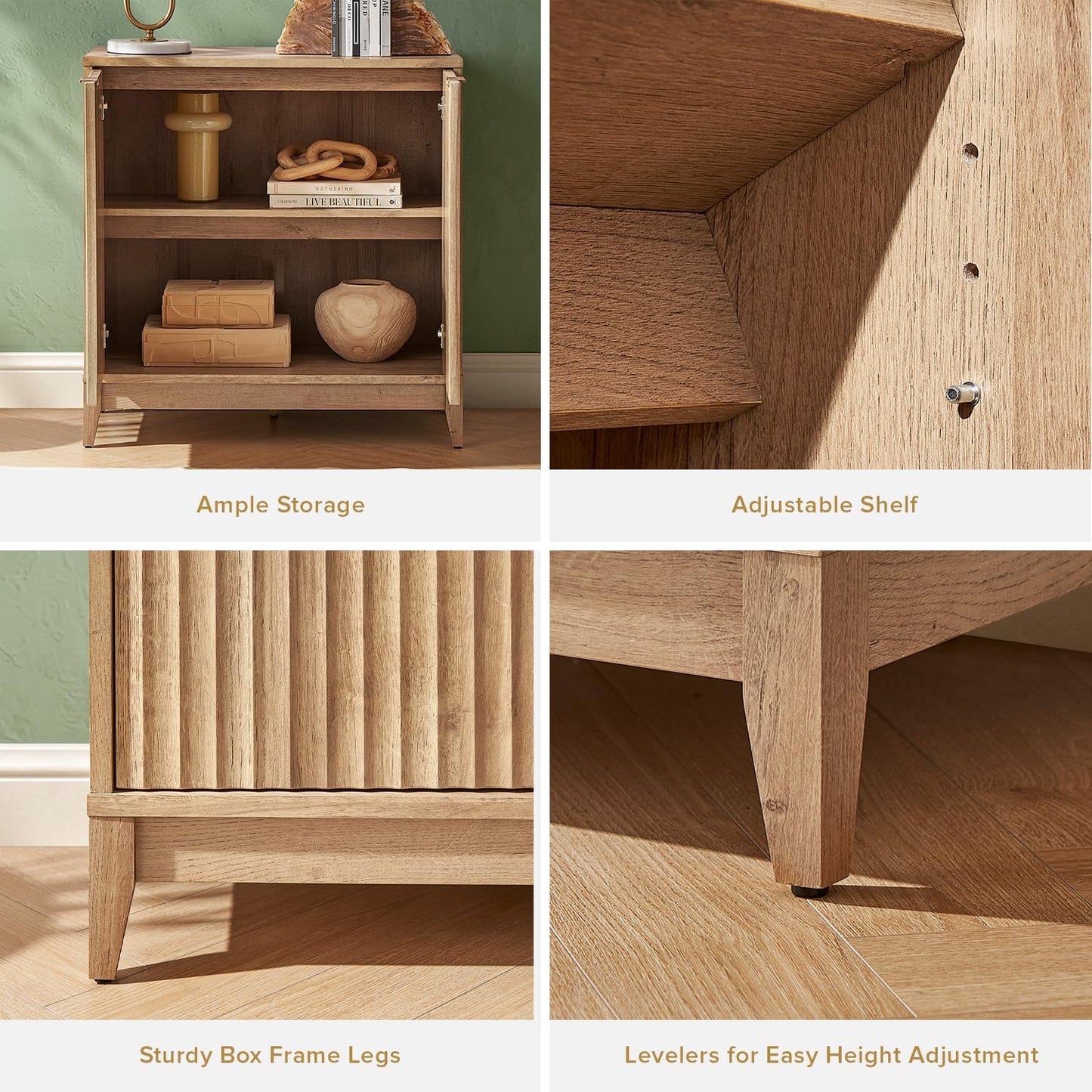 mopio Brooklyn Storage Cabinet, Modern Farmhouse Entryway Accent Case, Buffet Sideboard, Console Table, Credenza, Wood Modular Organizer with Doors & Shelf, Fluted Panel Cupboard (Oak, Set of 2)