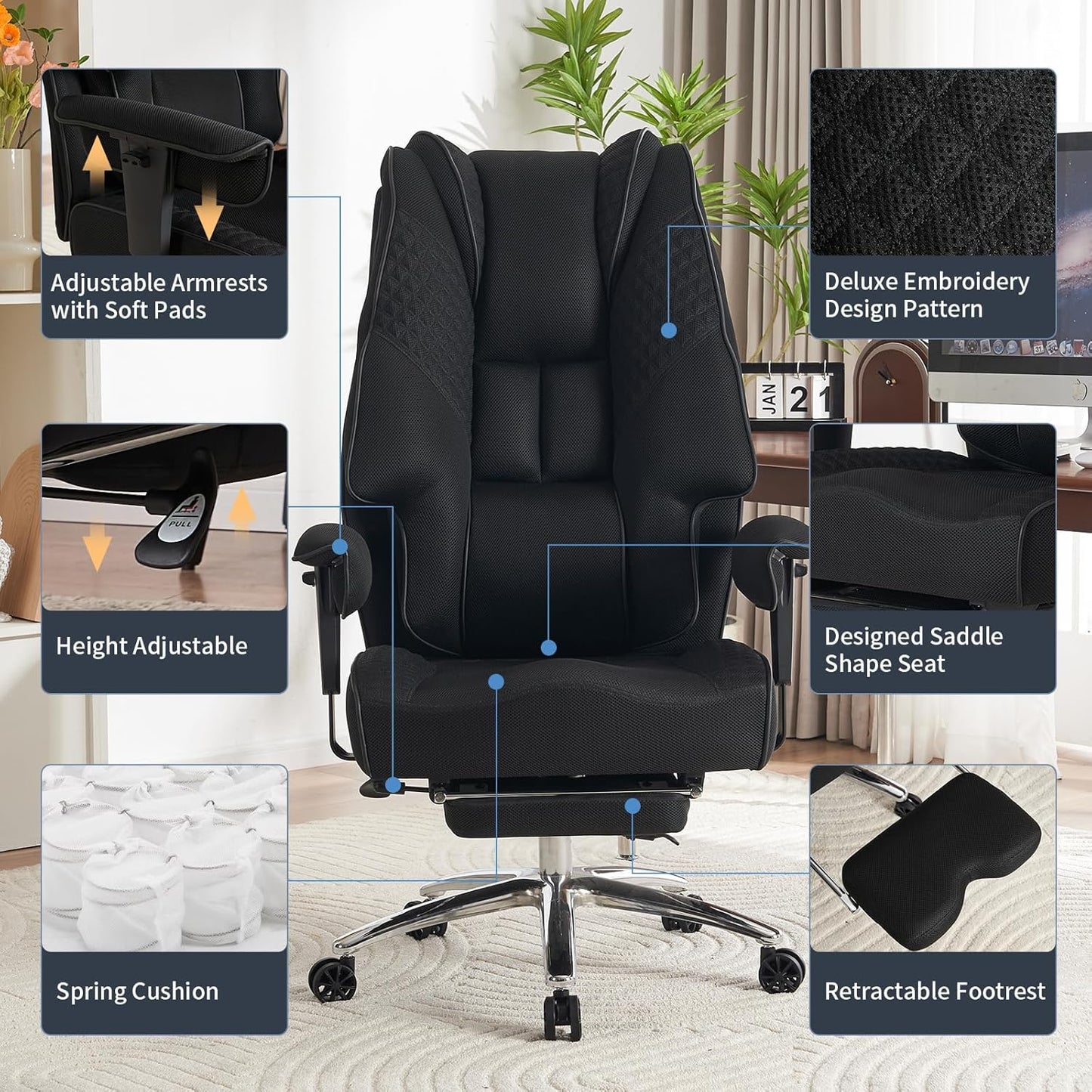 Big and Tall Office Chair 400lbs Wide Seat, Leather High Back Executive Office Chair with Foot Rest, Ergonomic Chairs Lumbar Support for Lower Back Pain Relief (Mesh Black)