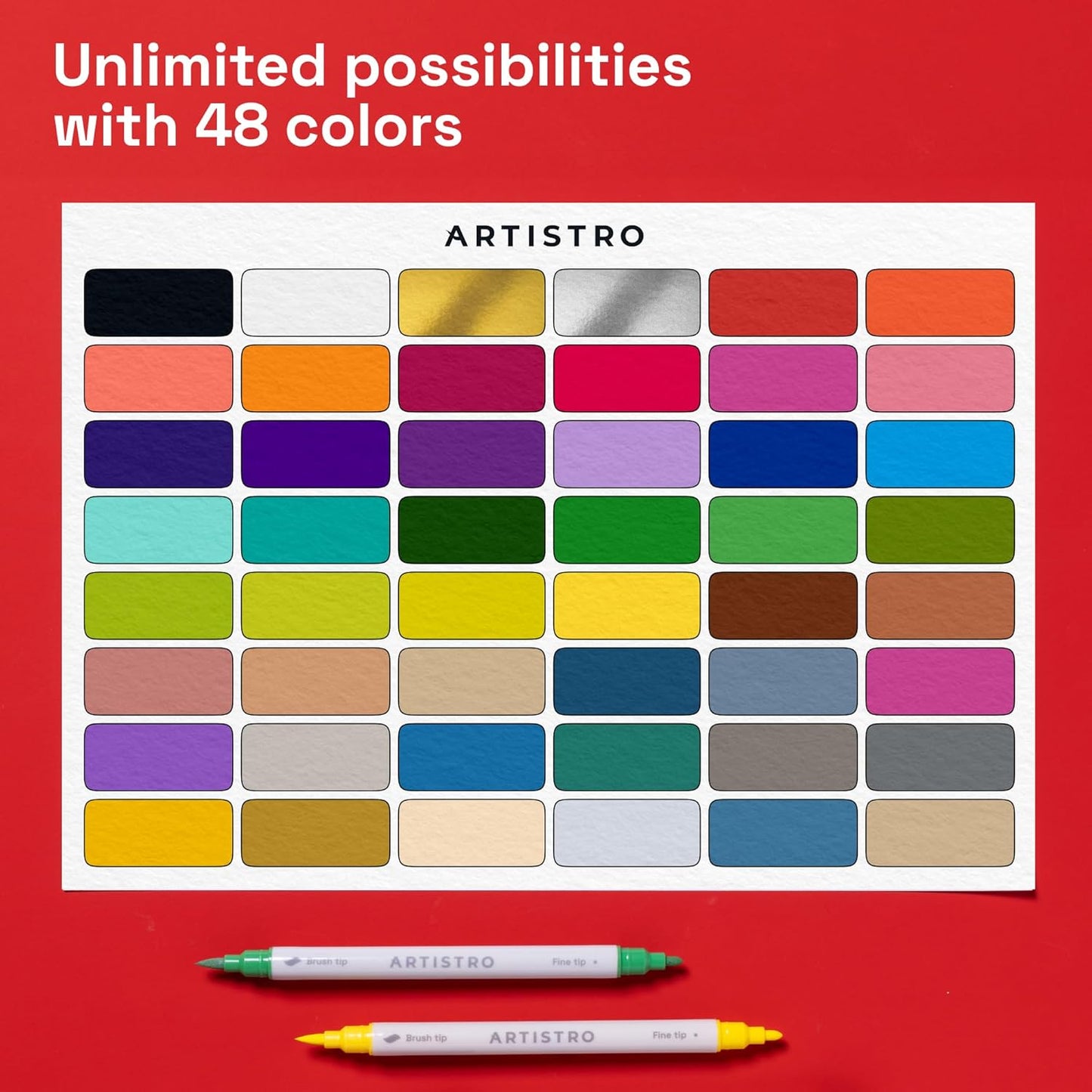 ARTISTRO 48 Dual Tip Fabric Markers - Acrylic Drawing Markers for All Ages & Levels - Fabric Paint Pens for Personalizing Clothes, T Shirts, Bags, Canvas, Textiles (Brush + Fine)