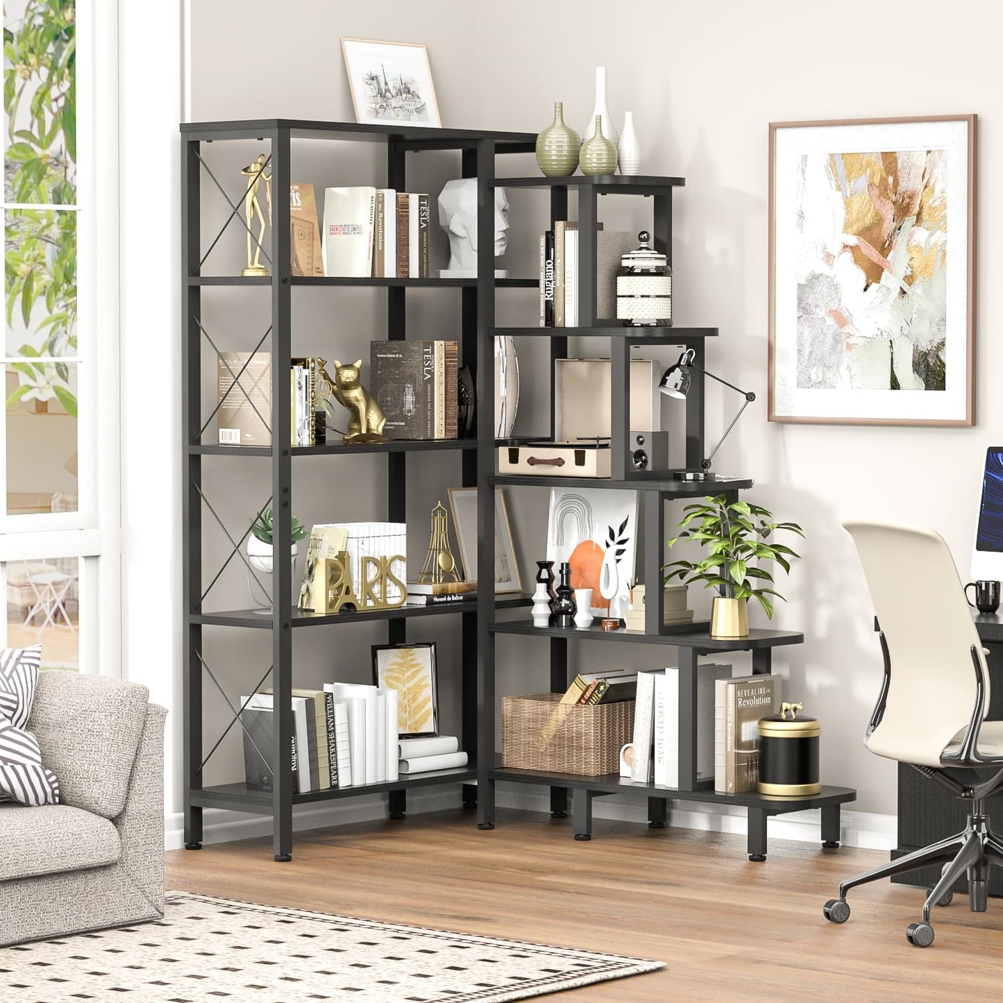 Corner Bookshelf Bookcase, Large Reversible 5 Tier Ladder Shelves Storage Display Rack with Metal Frame, Industrial Home Office Furniture for Living Room Bedroom, Black