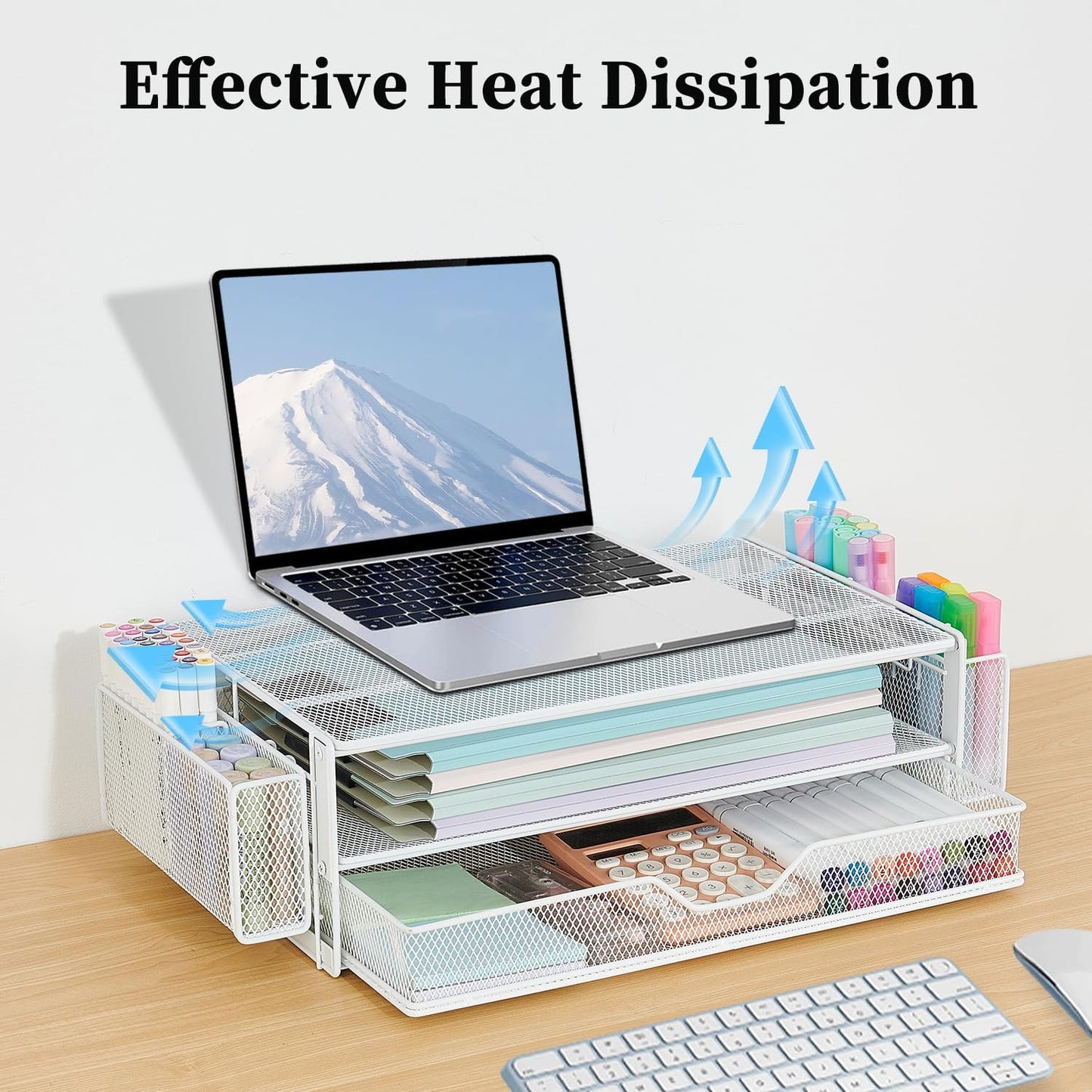 AUPSEN Computer Monitor Stands Riser，2-Tier Desk Organizers and Accessories, Office Desk Accessories Organizer with Drawers and 2 Pen Holder for Office Supplies (White)