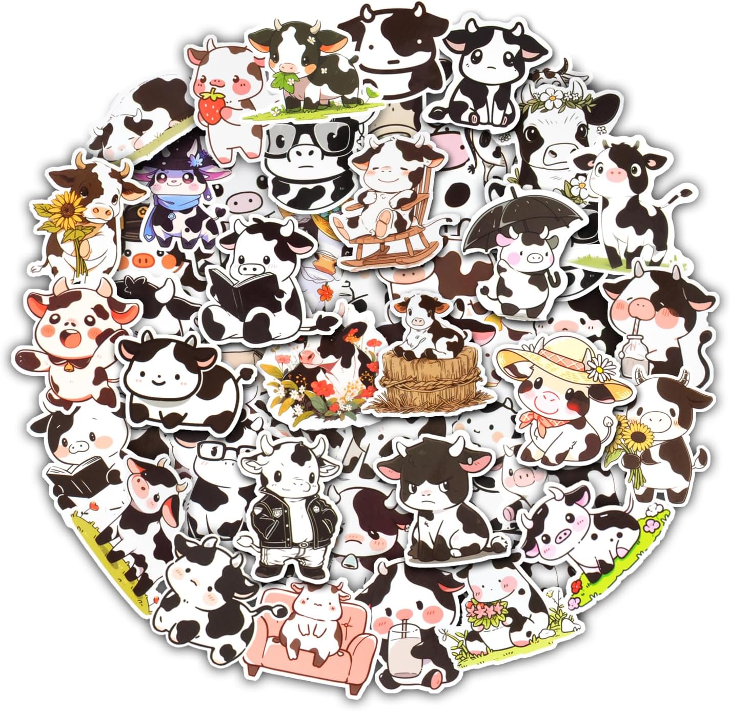 Aowplc 50 PCS Cow Stickers - Cute Cow Stuff & Gifts - Waterproof Vinyl Decals for Water Bottles, Laptop