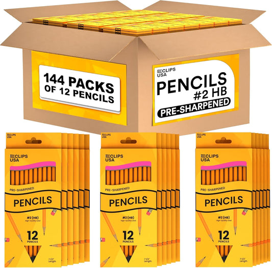 E-CLIPS USA Pencils Bulk, Pencil #2, Number 2 pencil, Pre-Sharpened Pencil Bulk, School Supplies bulk, Office Supplies, Box May Vary, 12 Pencils (144 Box Case)
