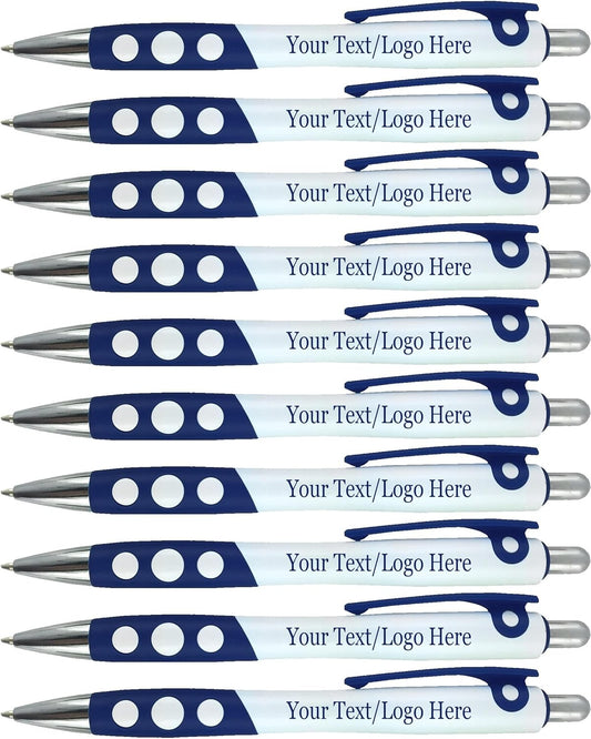 SyPen Personalized Ballpoint Pens With Custom Logo/Text-350 Pack Bulk-for Businesses, Parties, & Events, Custom Printed, White Barrel with Matching Colored Clip and Grip, Click Pens, Black Ink, Blue