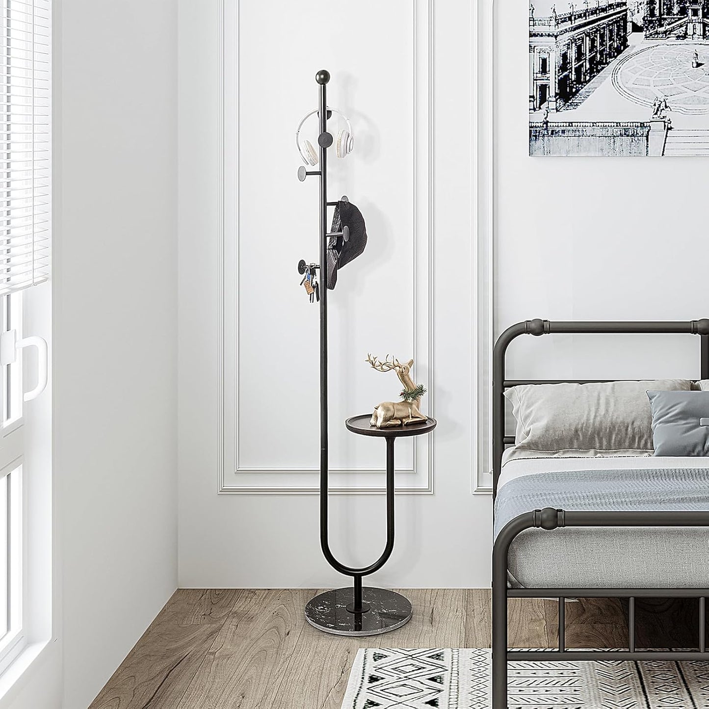 Coat Rack Stand, Metal Coat Tree with Bamboo Tray & 6 Hooks, Heavy Duty Marble Base Corner Coat Stand for Bedroom Hallway Entryway Living Room Office 13.78 x 13.78 x 68.11 Inches (Black)