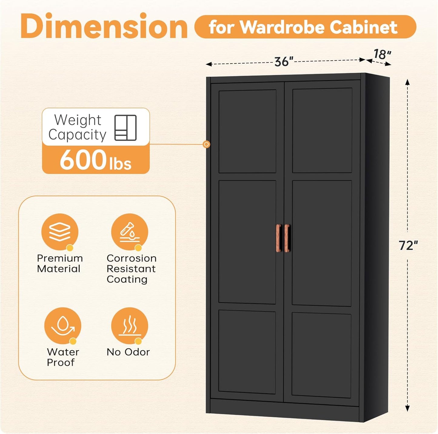 INTERGREAT Metal Storage Cabinet with Hanging Rail, Black Armoire Wardrobe Closet with 2 Doors,72" H Storage Closet Cabinets with Adjustable Shelves and Removable Hanging Rods