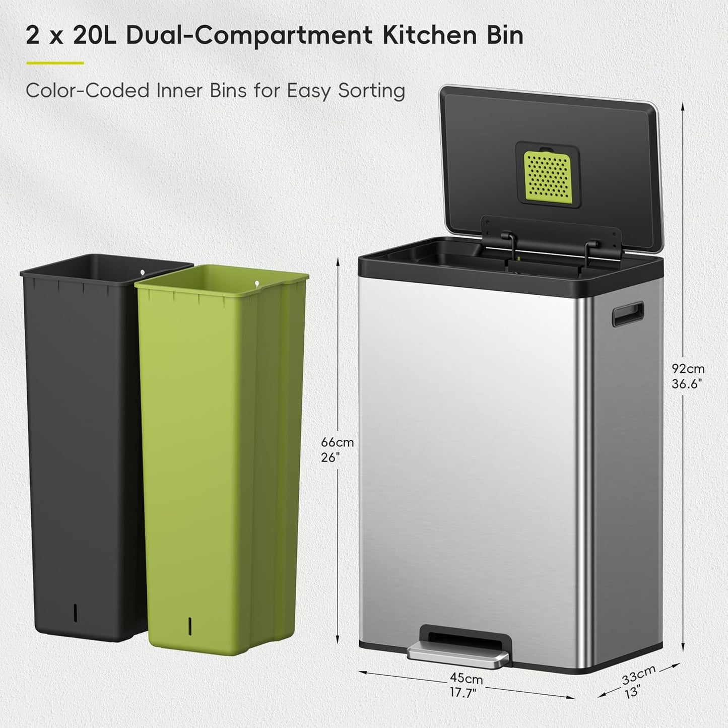 EKO EcoCasa II Rectangular Kitchen Step Trash Can, 20L+20L Dual Compartment Recycling Bins, Stainless Steel Lid and Pedal, Odor-Proof, Fingerprint Resistant