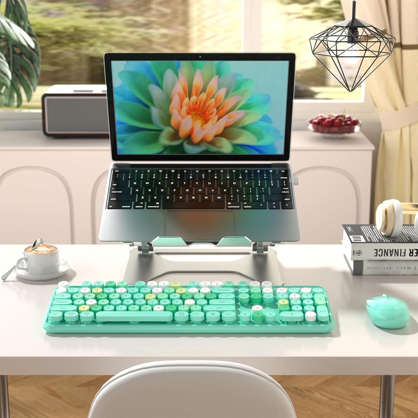 Colorful Wireless Computer Keyboard and Mouse Combo with Round Typewriter Keycaps, Retro Design, Power Switch, Ergonomic Design, 2.4GHz Wireless for Windows, Mac, PC(Green-Colorful)