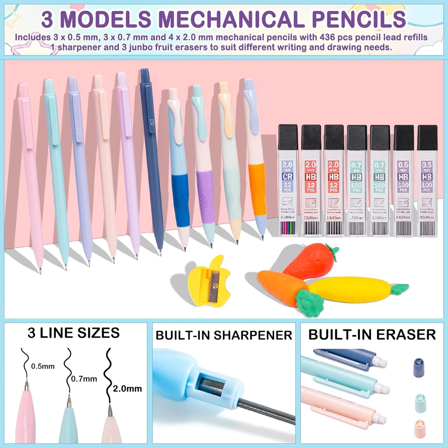 School Supplies Set for Teens Girls - Cute Pink Pencil Case, 10 Mechanical Pencils 0.5 0.7 2.0mm,12 Highlighters, 16 Pens, 452 Lead & Gel Refills Complete College Essentials, Drafting & Writing Kit