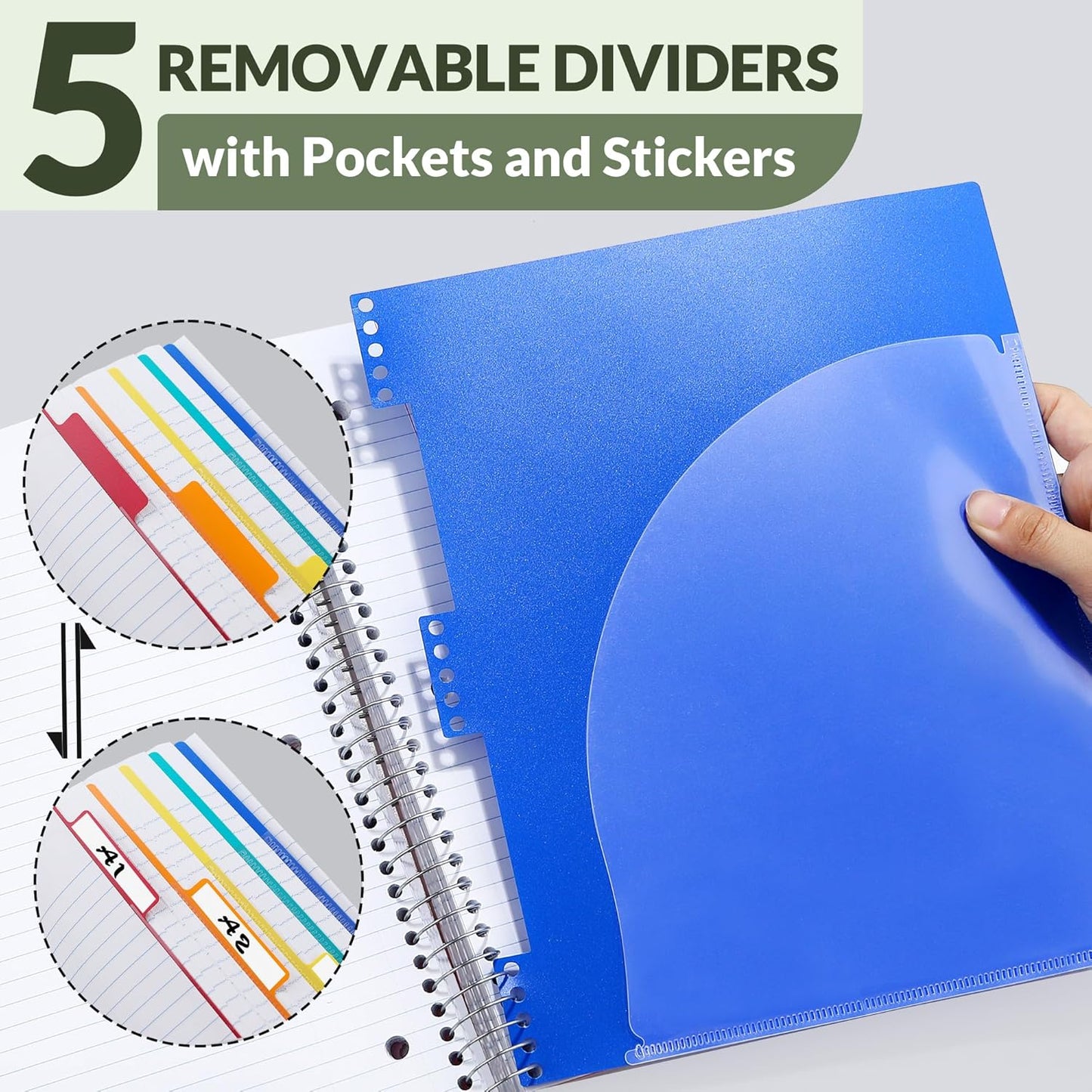 SUNEE 5 Subject Notebook College Ruled - 400 Pages, 9"x11", 5 Pocket Colored Dividers, 3-Hole Punched Paper, Sage Green