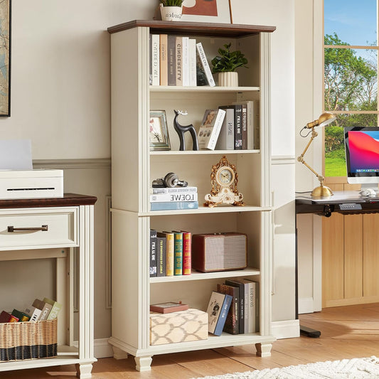 70" Tall White Bookshelf,5 Tier Wood Book Shelf with Adjustable Shelves & Wood Legs,Free Standing Farmhouse Bookcase with Open Display Storage,Vintage Kids Bookshelves for Nursery,Bedroom