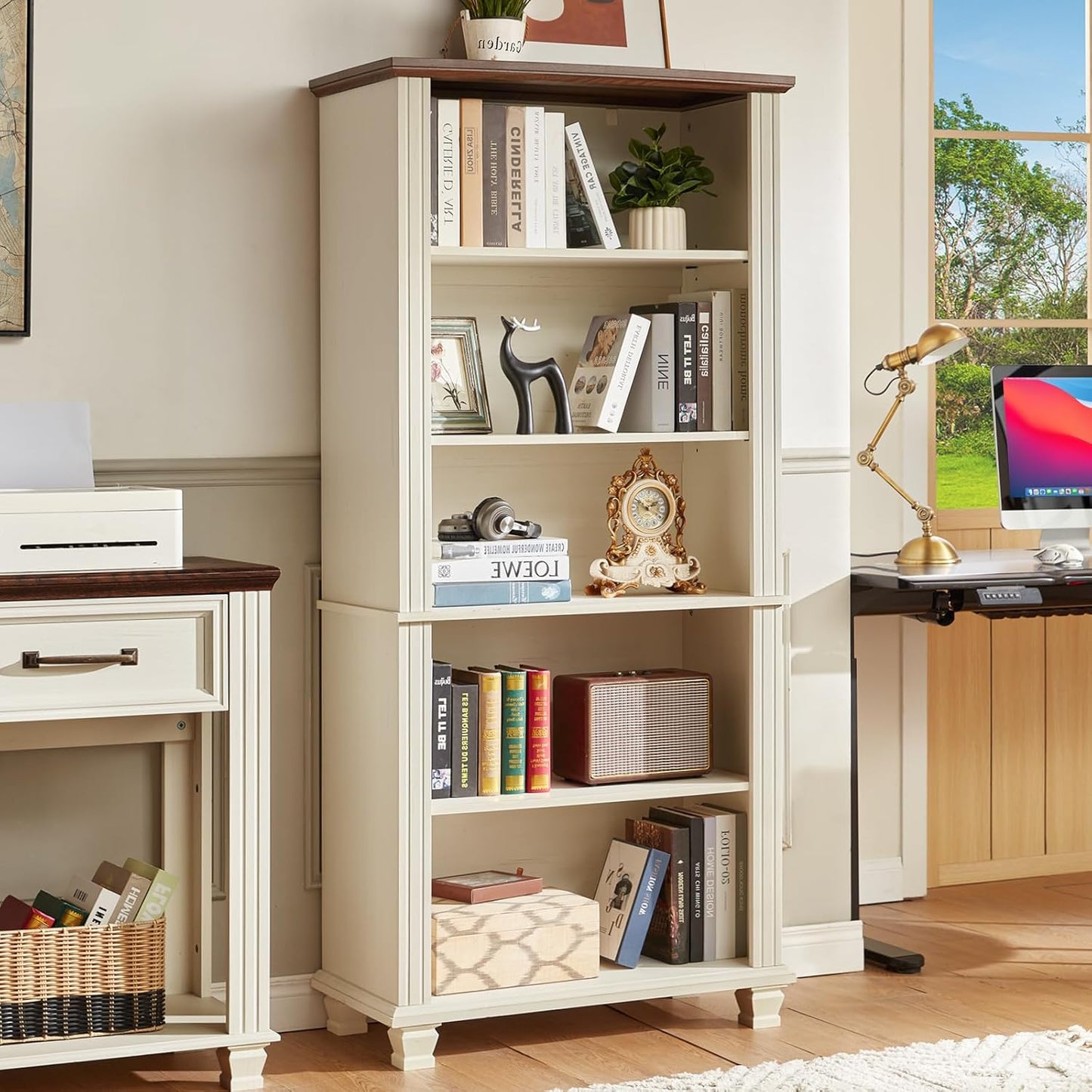 70" Tall White Bookshelf,5 Tier Wood Book Shelf with Adjustable Shelves & Wood Legs,Free Standing Farmhouse Bookcase with Open Display Storage,Vintage Kids Bookshelves for Nursery,3PCS