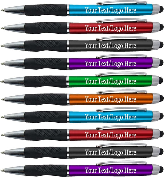 Personalized Pens With your Custom Logo or Text-300 Pack Bulk-for Businesses, Parties, and Events, 2 in 1 Ballpoint Pen + Capacitive Stylus for Touchscreen Devices, Dark Assorted Barrels, Blue Ink