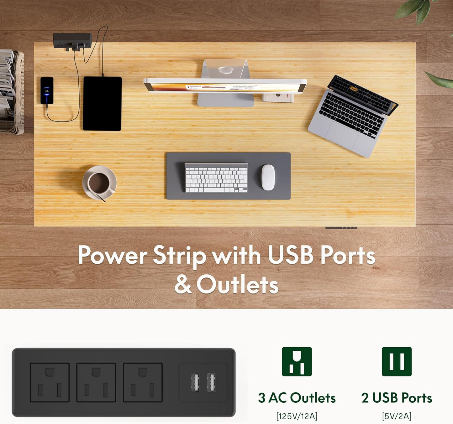 FLEXISPOT EN2 Whole-Piece Bamboo Standing Desk with Clamp Power Strip, 48 x 24 Electric Stand Up Height Adjustable Desk with Cable Management (Grey Frame + 48" Bamboo Top, 2 Packages)