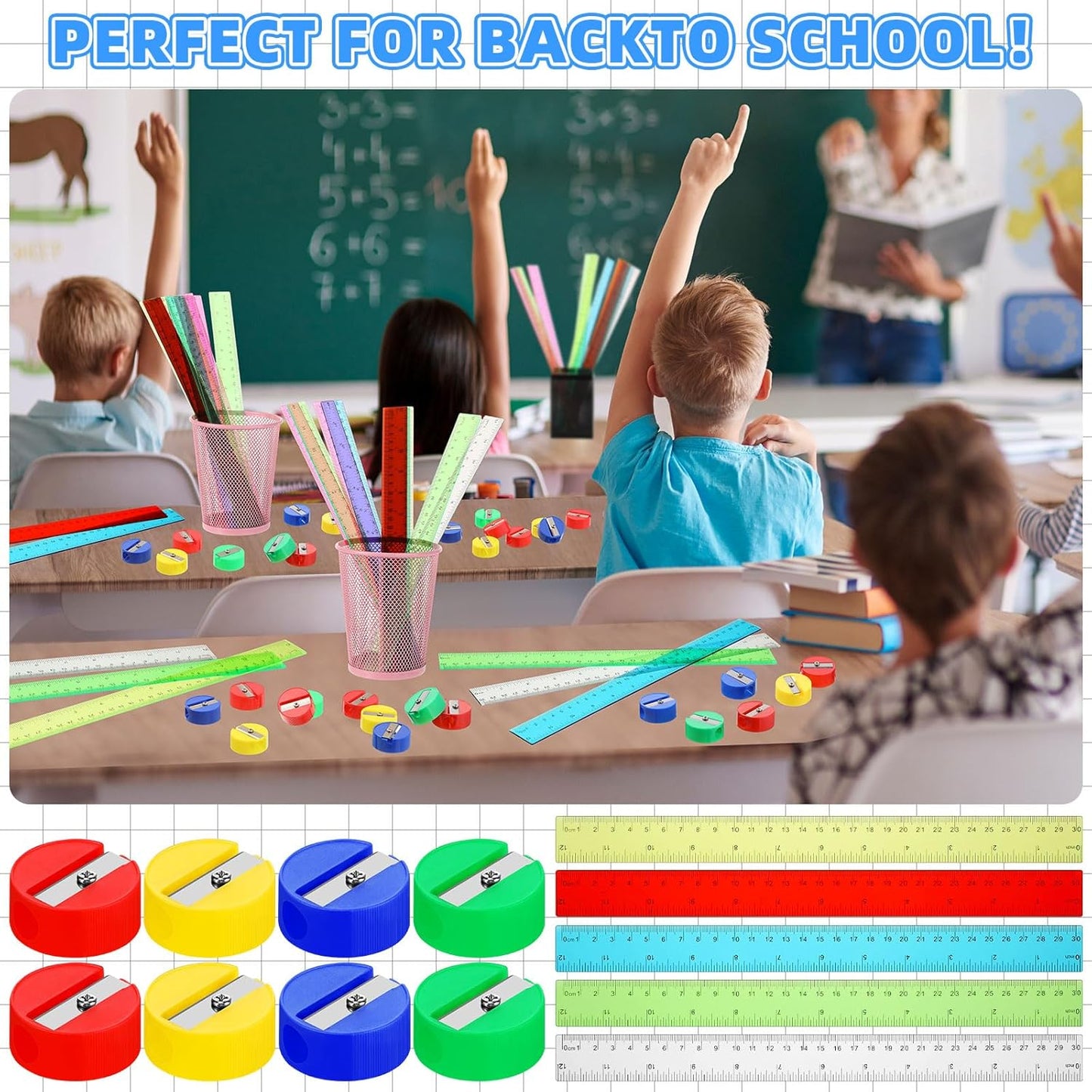 100 Pcs Plastic Rulers and 100 Pcs Mini Round Manual Pencil Sharpener Bulk, 4 Assorted Colors Pocket Sized Pencil Sharpeners Colorful Straight Ruler Back to School Supplies for Kids (Classic,12 Inch)