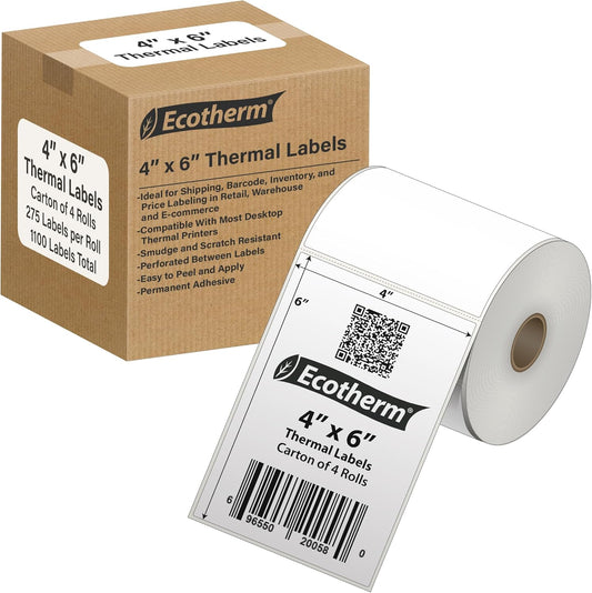 4" x 6" Thermal Labels | 4 Rolls | 1100 Labels | fits Zebra, Munbyn, Rollo, Godex, Arkscan, iDPRT, Offnova Thermal Label Printers and More | Blank White Adhesive Stickers by Ecotherm