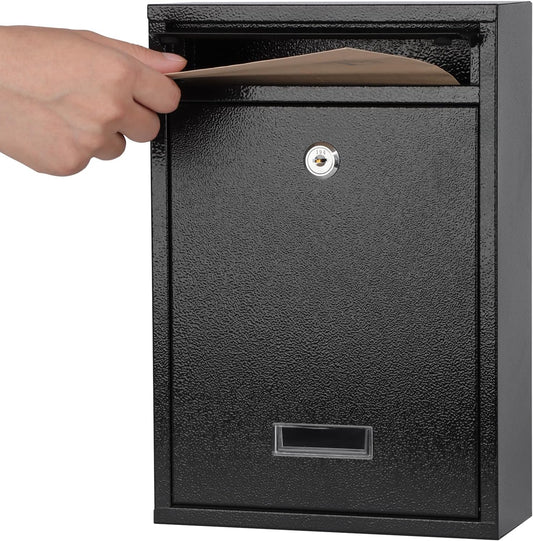 KYODOLED Key Lock MailBoxes for Outside, Locking Wall Mount Mailbox, Security Key Drop Box for Letters Newspapers, Cards, 12.4H x 8.54L x 3.35W Inches, Black