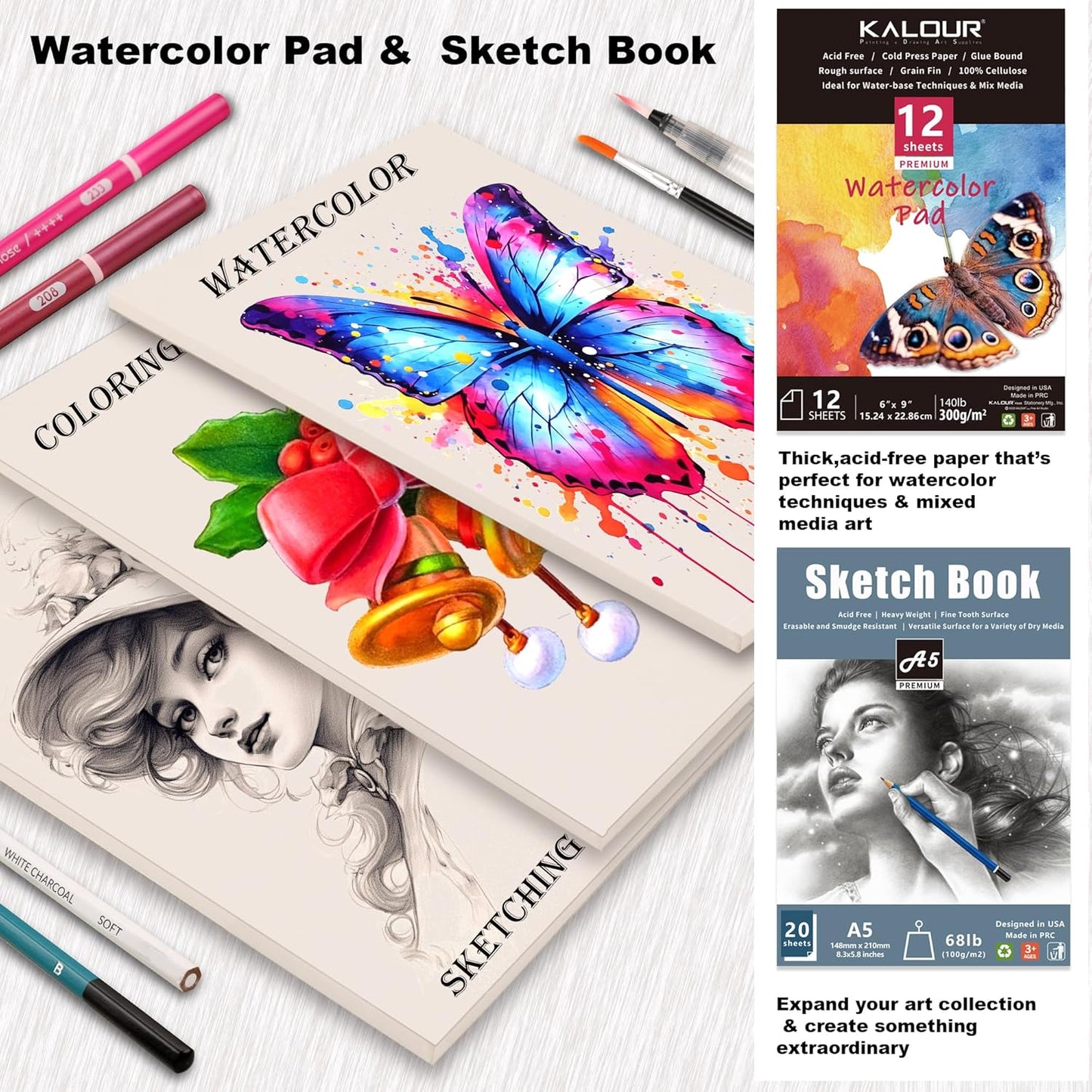 KALOUR 106 Coloring Sketching Kit Set - Art Supplies with Sketchbook & Watercolor Paper - Include Drawing Tutorial, Watercolor,Colored,Metallic,Fluorescent,Sketch Pencils - for Artists beginner