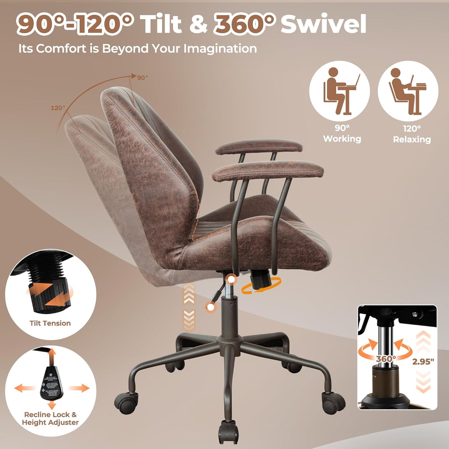 ovios Ergonomic Home Office Chair, Mid-Century Modern Faux Leather Chairs with Padded Armrests, Comfy Mid Back Swivel Rolling Executive Computer Armchair (Dark Brown, Suede Leather)