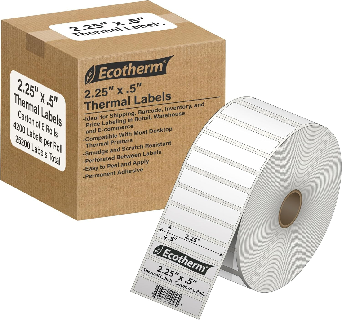 2.25" x .5" Thermal Labels | 6 Rolls | 25200 Labels | fits Zebra, Munbyn, Rollo, Godex, Arkscan, iDPRT, Offnova Thermal Label Printers and More | Blank White Adhesive Stickers by Ecotherm
