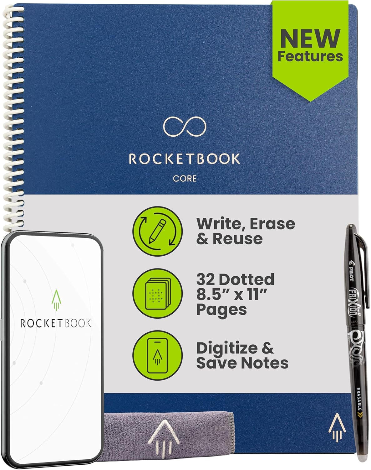 Rocketbook New Core Reusable Spiral Notebook, Letter Size 8.5x11, Navy Blue - Dotted Pages, App-Connected, Erasable, Durable Cover, Ideal for School, Work, and Creative Projects