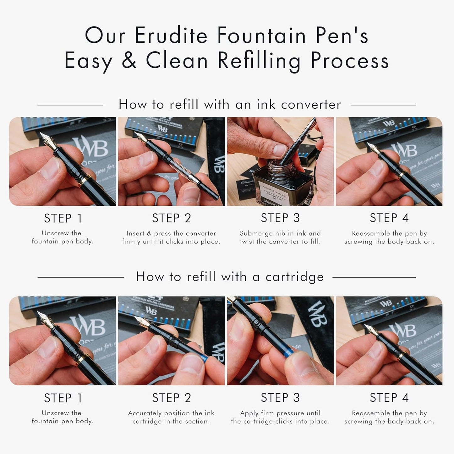 Wordsworth & Black Fountain Pen Set, 18K Gilded Extra Fine Nib, Includes 24 Pack Ink Cartridges, Ink Refill Converter & Gift Pouch, Gold Finish, Calligraphy, [Black Gold], Perfect for Men & Women