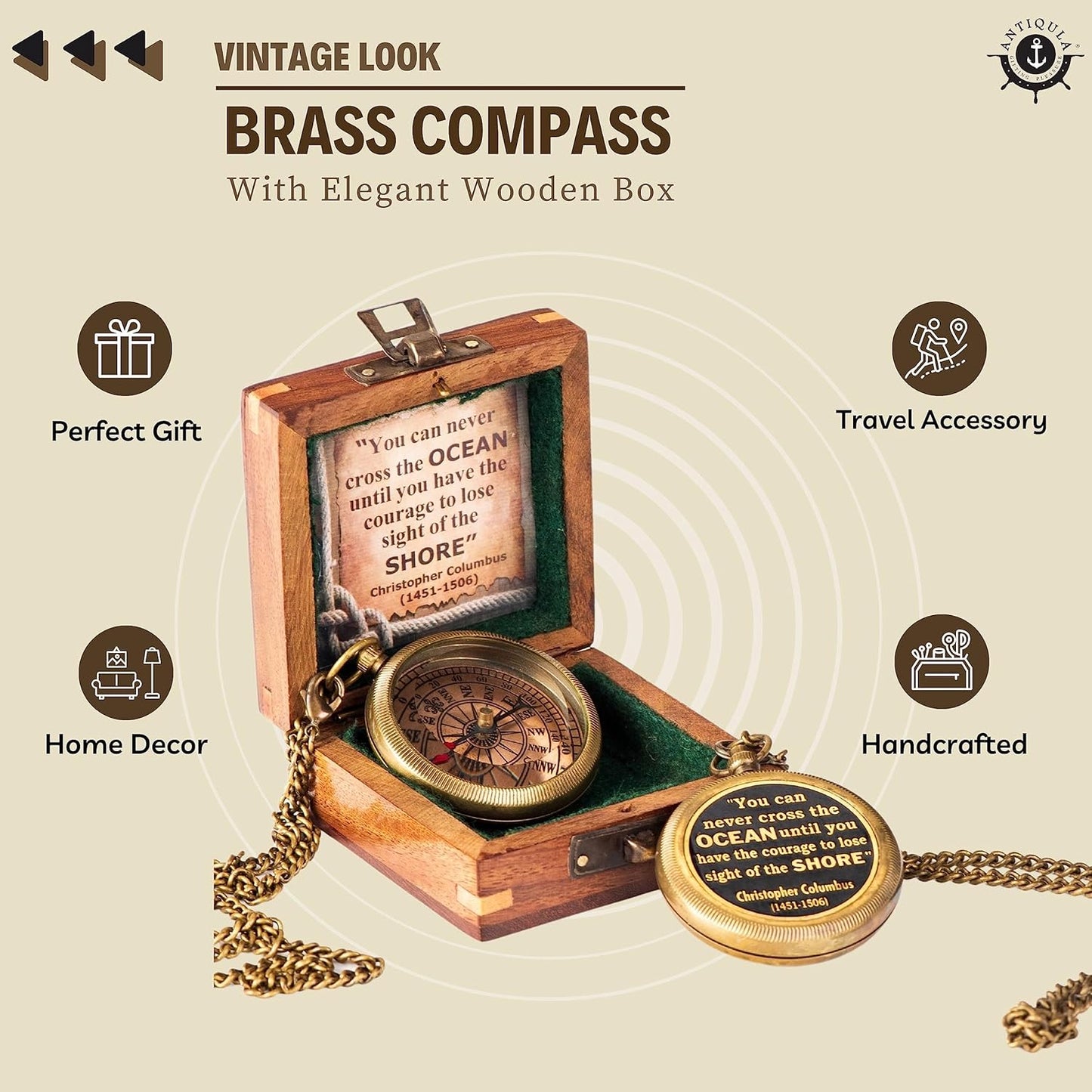 Brass Compass with Wooden Box - Graduation Gifts, Pirate Accessories & Baptism Gift For Boys, Steampunk Travel Decor Compasses For Missionary, Inspirational and Sentimental Compass