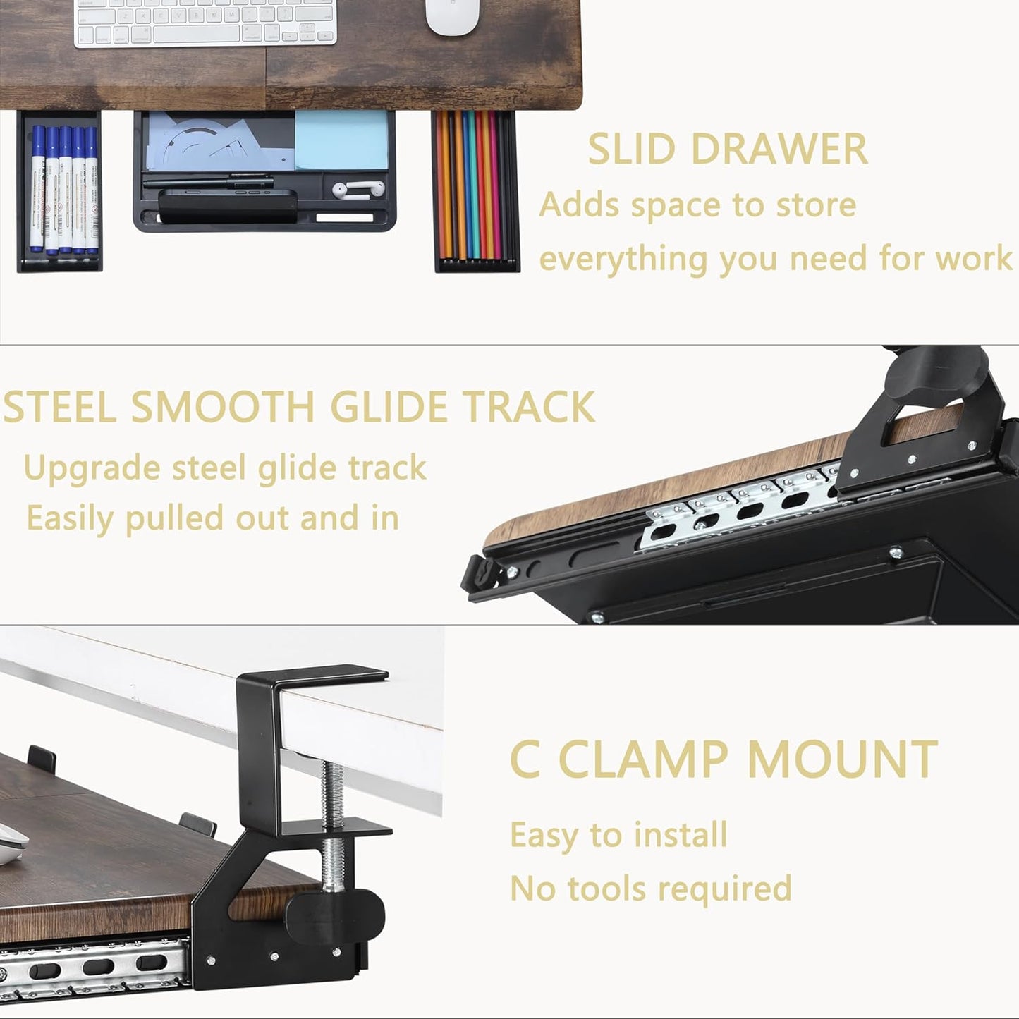 ETHU Keyboard Tray Under Desk, Ergonomic Corner Keyboard Tray with 180° Adjustable C Clamp for L Shape Desk 26.77" X 12.2" Easy to Install, Computer Keyboard Stand for Home and Office(Wood)